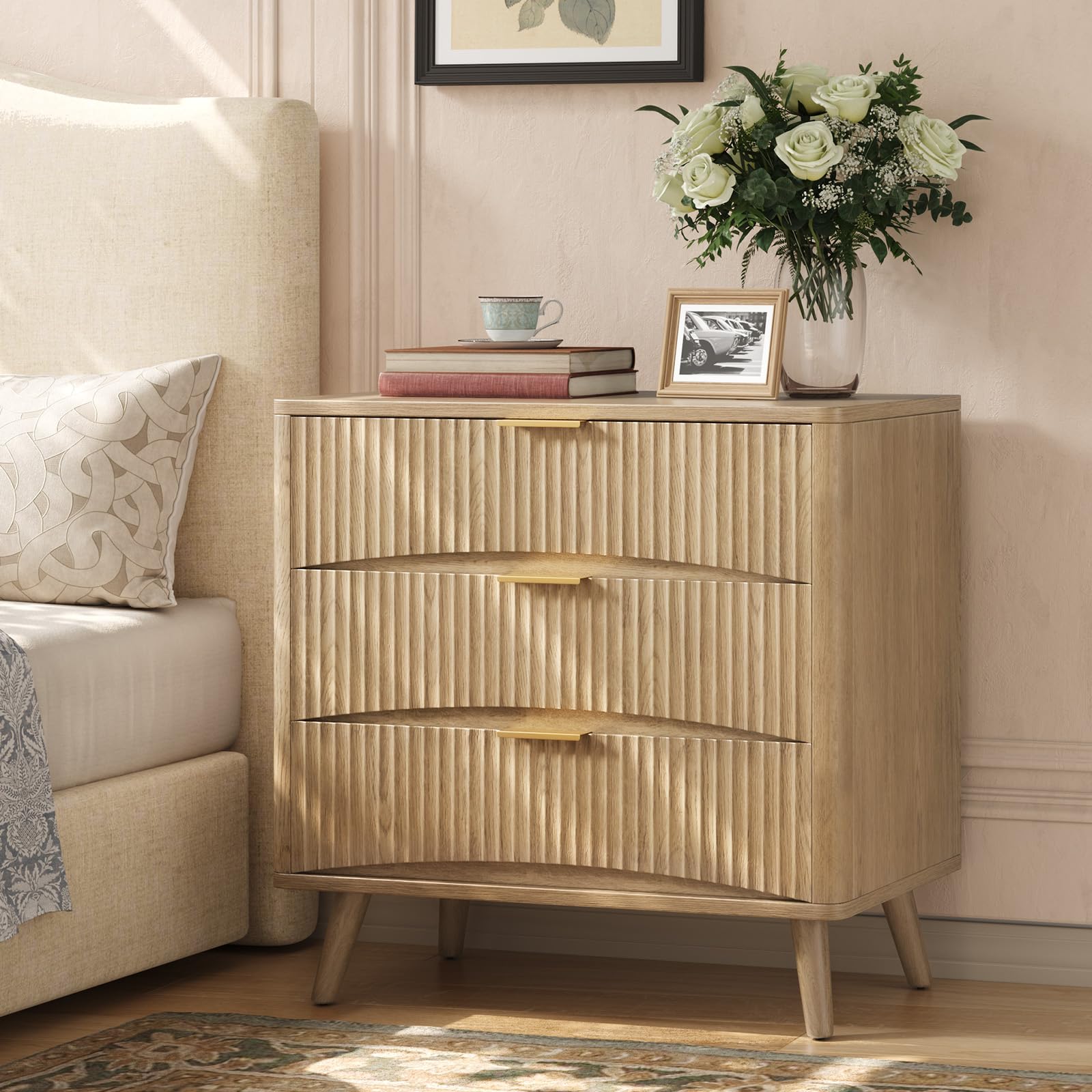 Oversized Fluted Nightstands Set of 2 - 3 Drawers