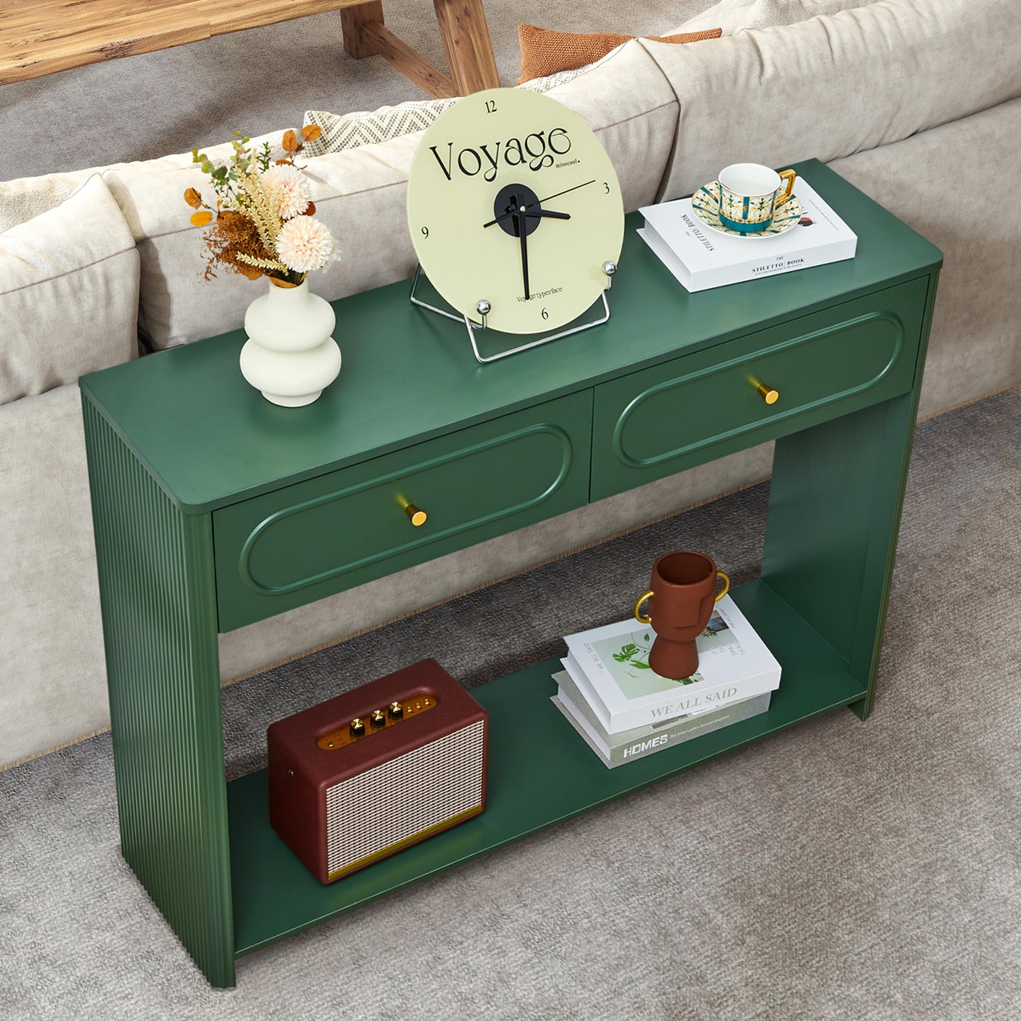 Fluted Console Table with Drawers and Storage Shelves