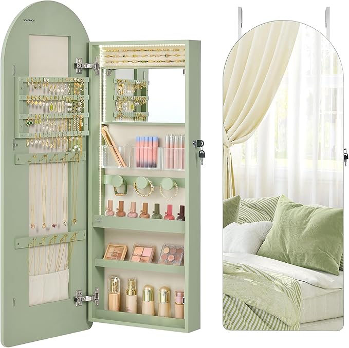 Wide LED Jewelry Cabinet with Arched Mirror