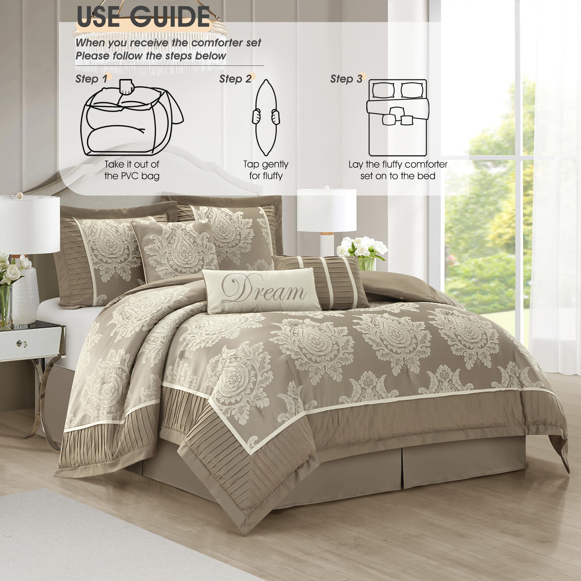 King Size Jacquard Damask Comforter Set 7 Pieces