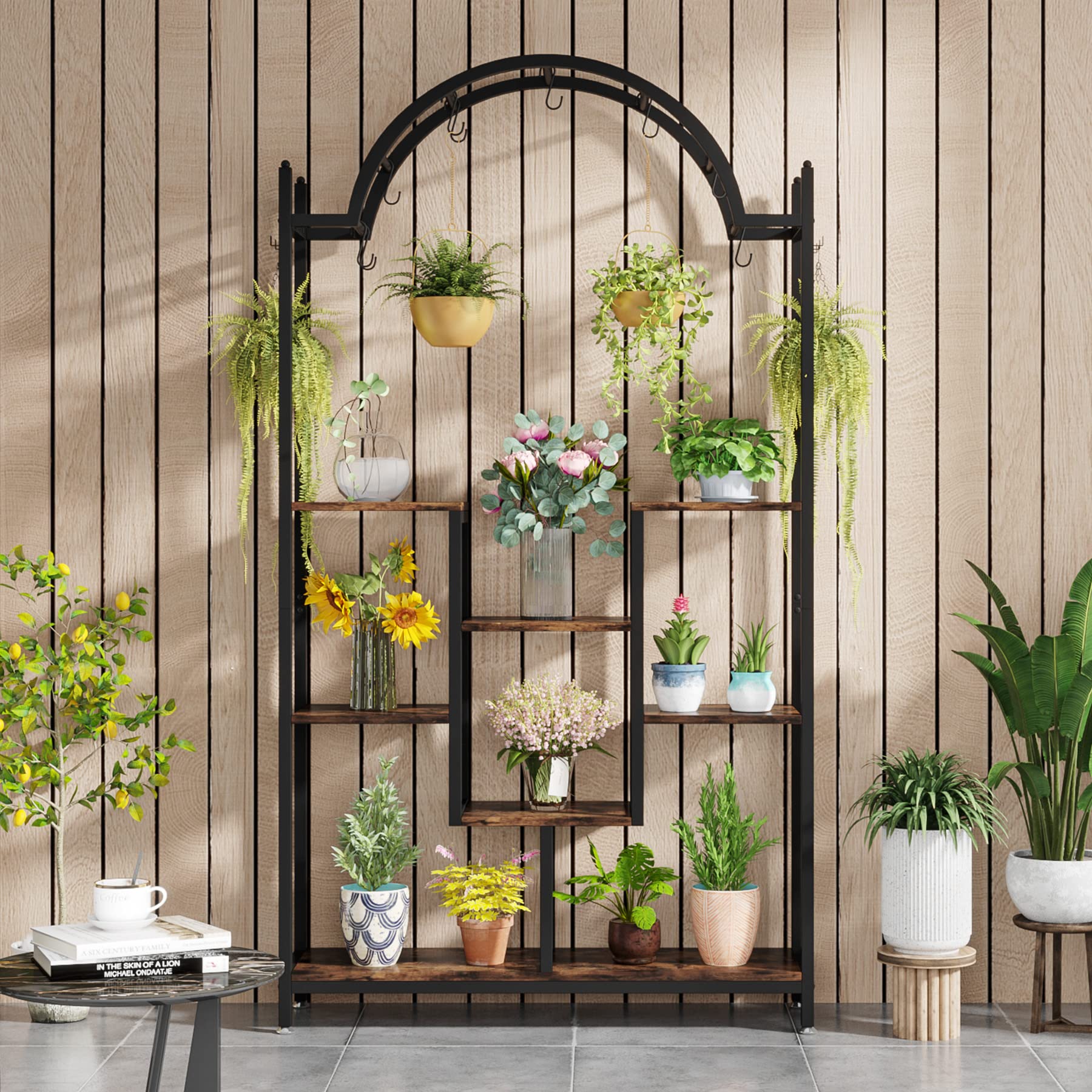 5-Tier Arched Plant Stand with Hanging Hooks