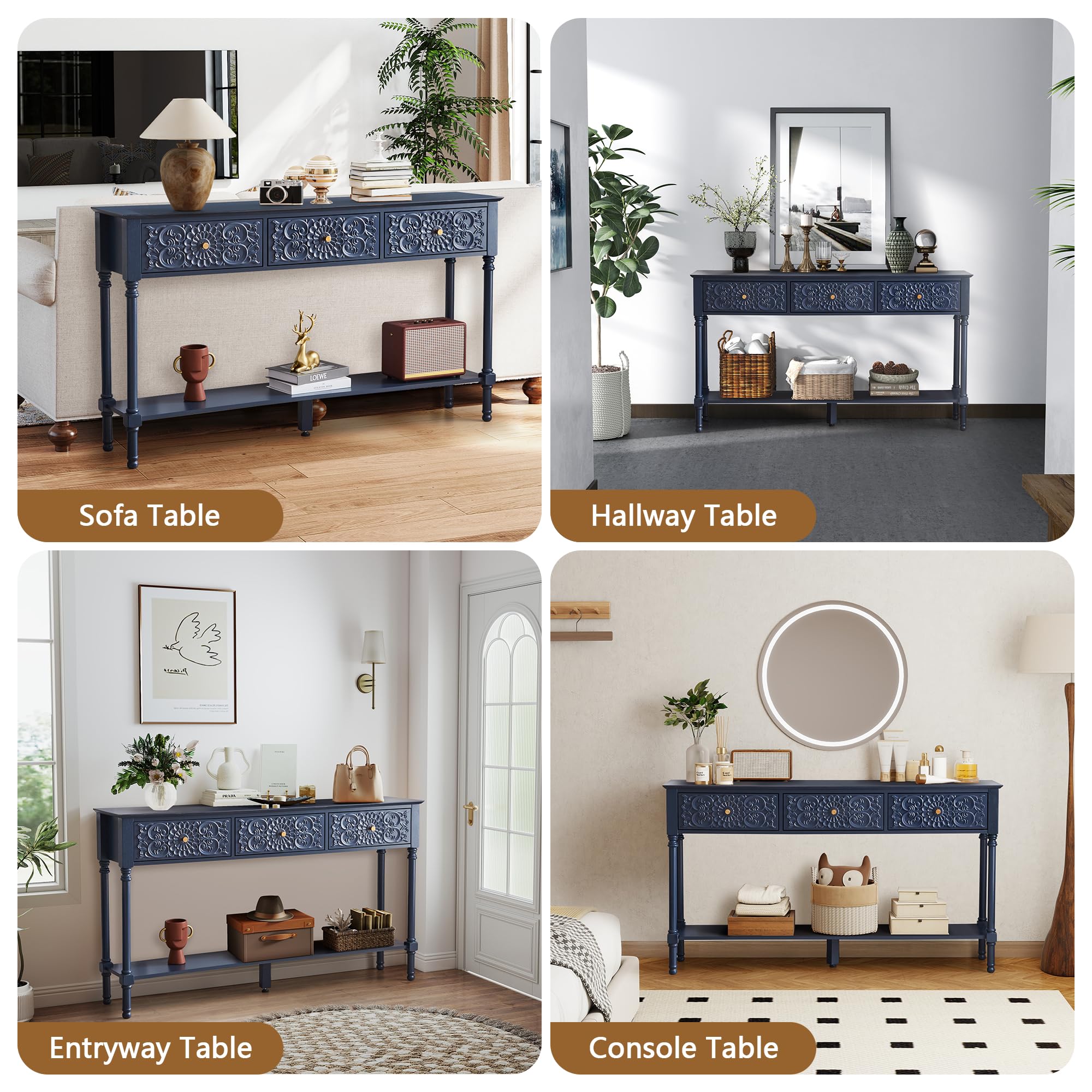 55.5" Carved Console Table with 3 Drawers