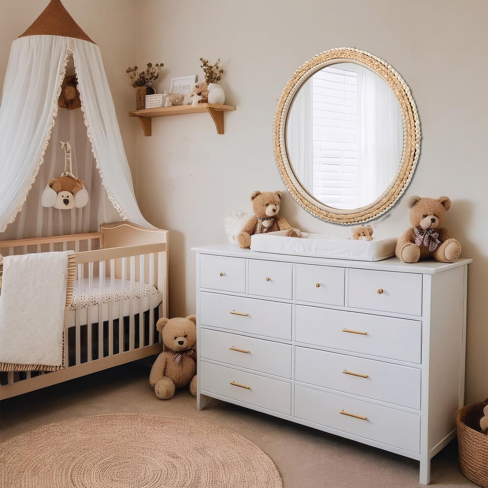 24" Rattan Wood Round Mirror