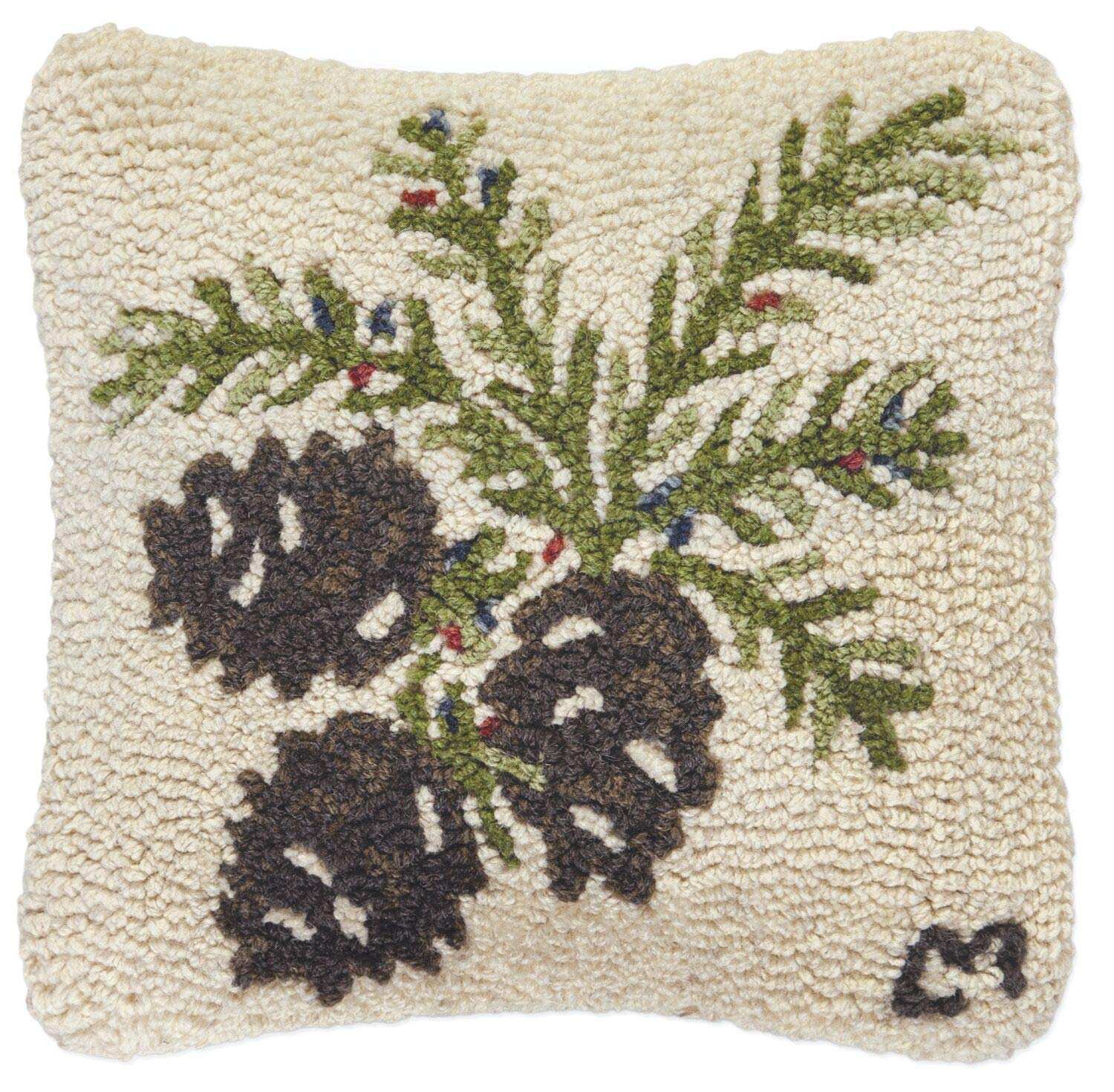 Pinecones & Berries Hand-Hooked Wool Throw Pillow 14x14