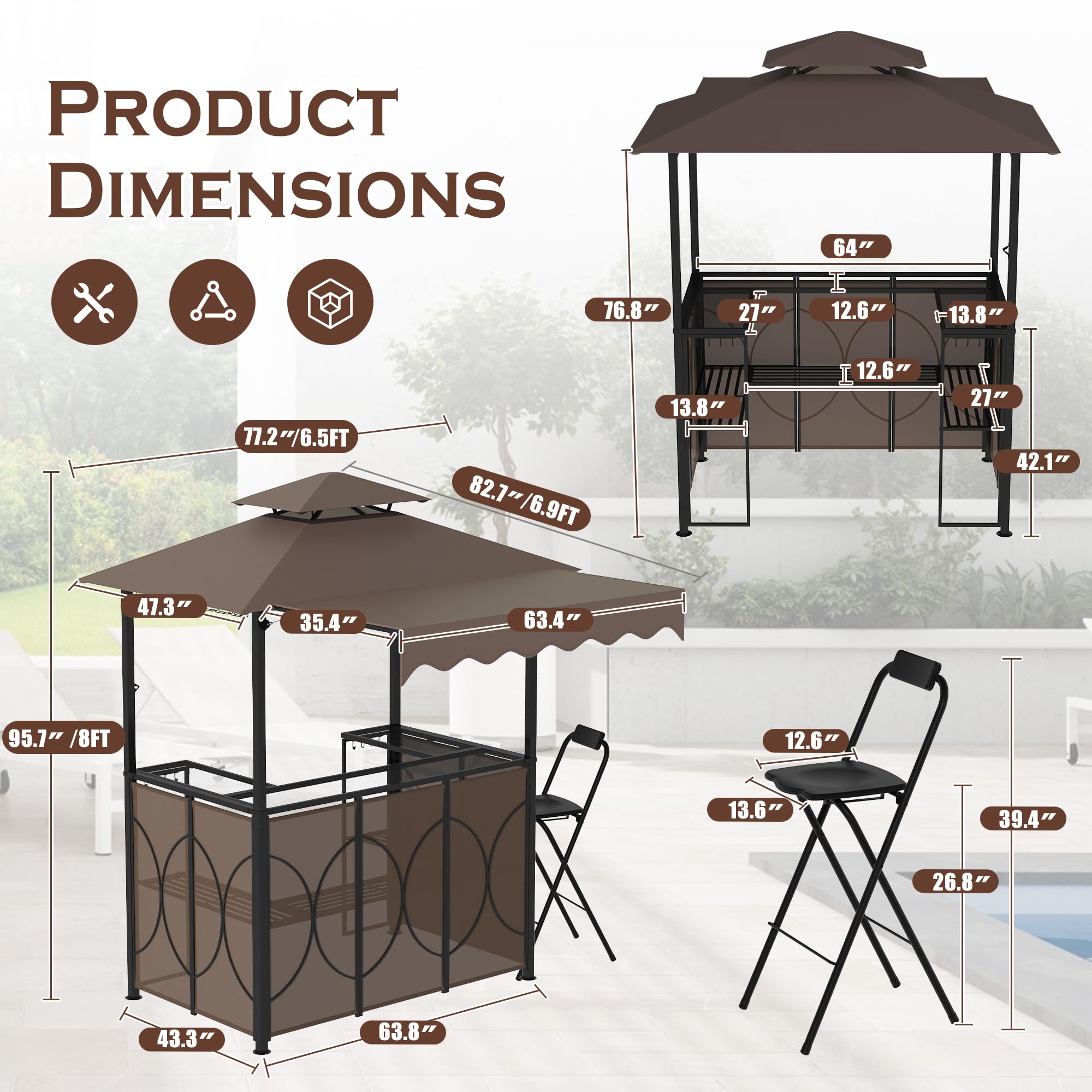 3 Piece Patio Bar and Grill Set with Canopy