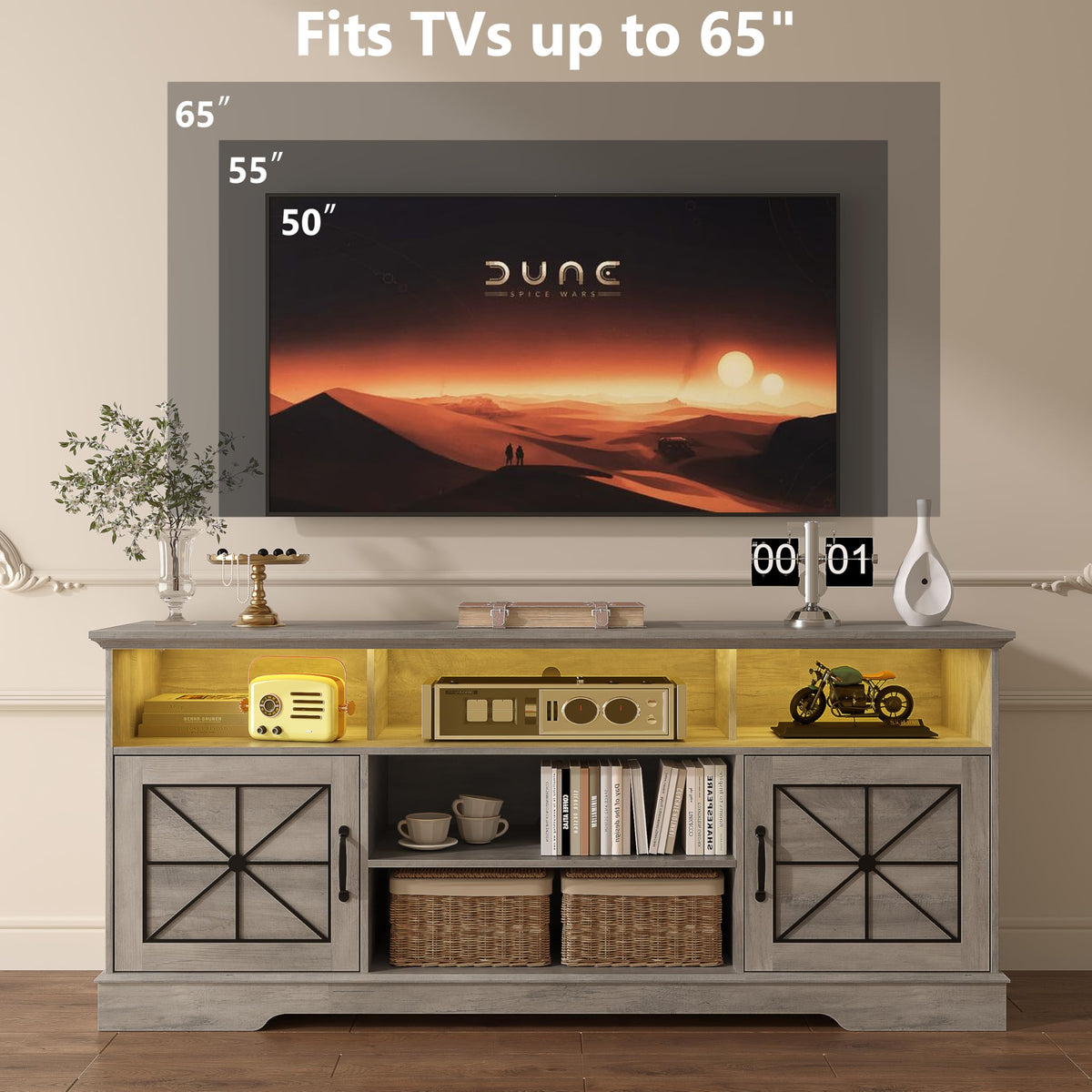 59 Inch TV Stand with RGB LED Lights and Storage Cabinets