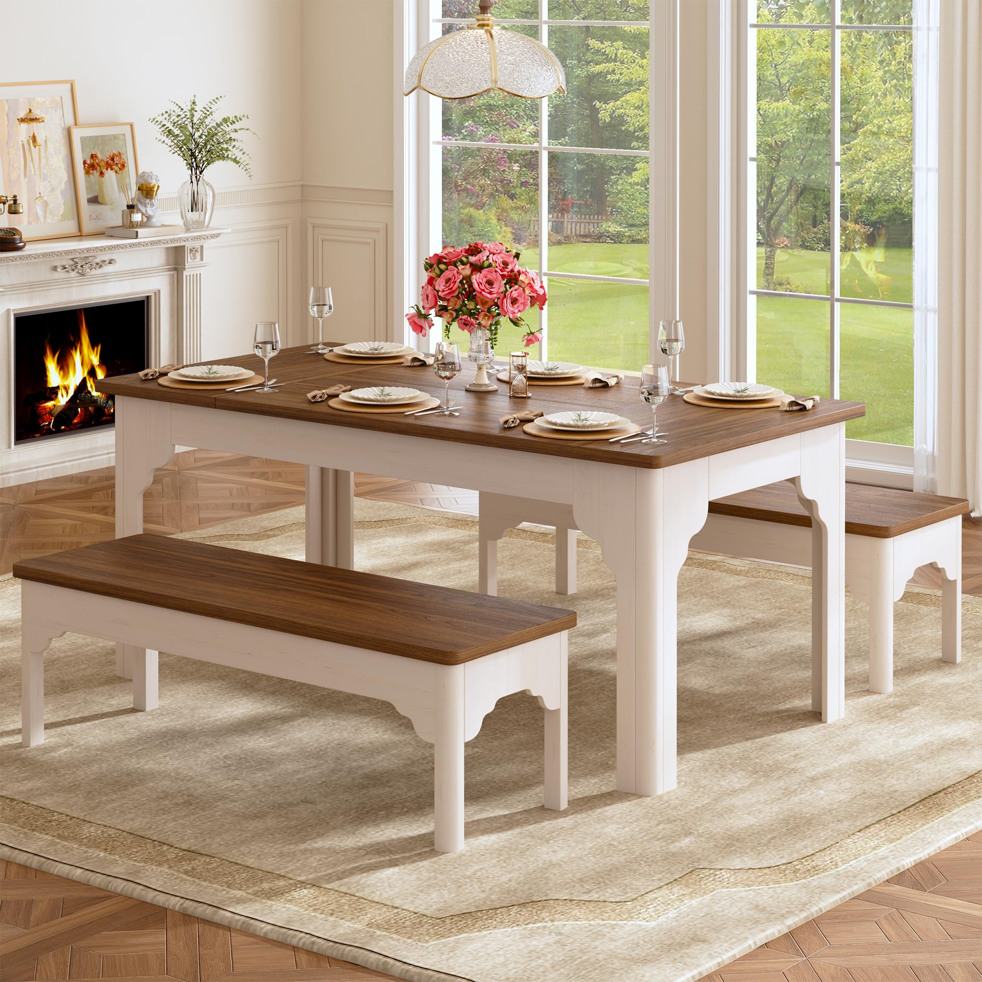 Farmhouse Dining Table Set with 2 Benches