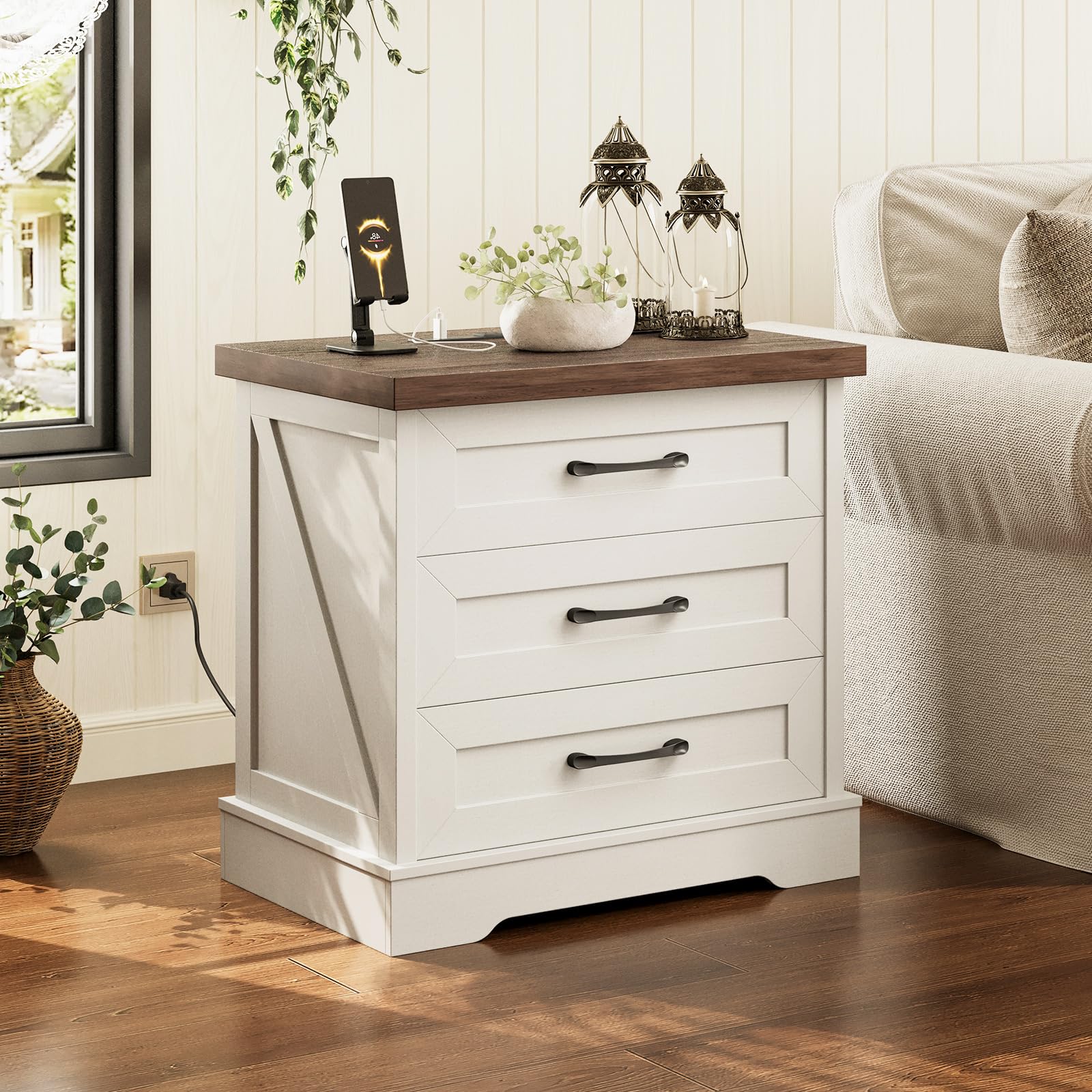 Farmhouse Nightstand with Charging Station and 3 Drawers