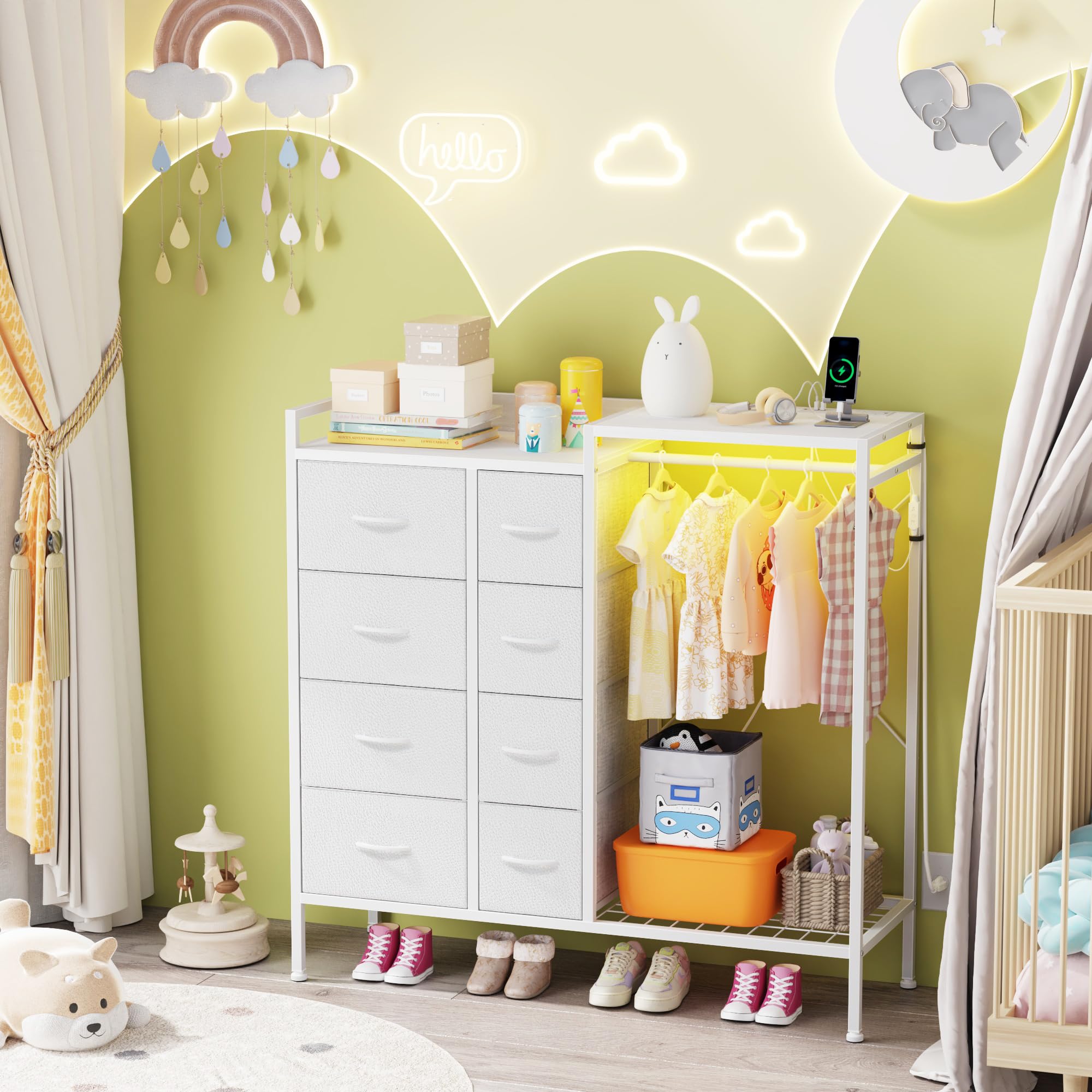 8-Drawer Dresser with Hanging Rack, Charging Station & LED Lights