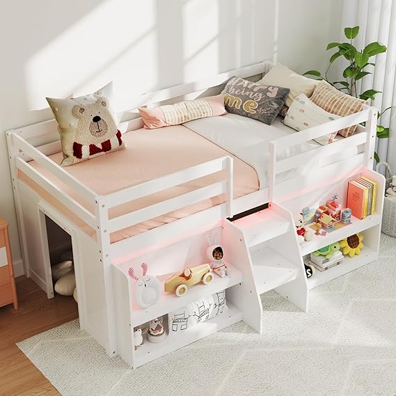 Low Loft Bed with LED Light and Bookcases
