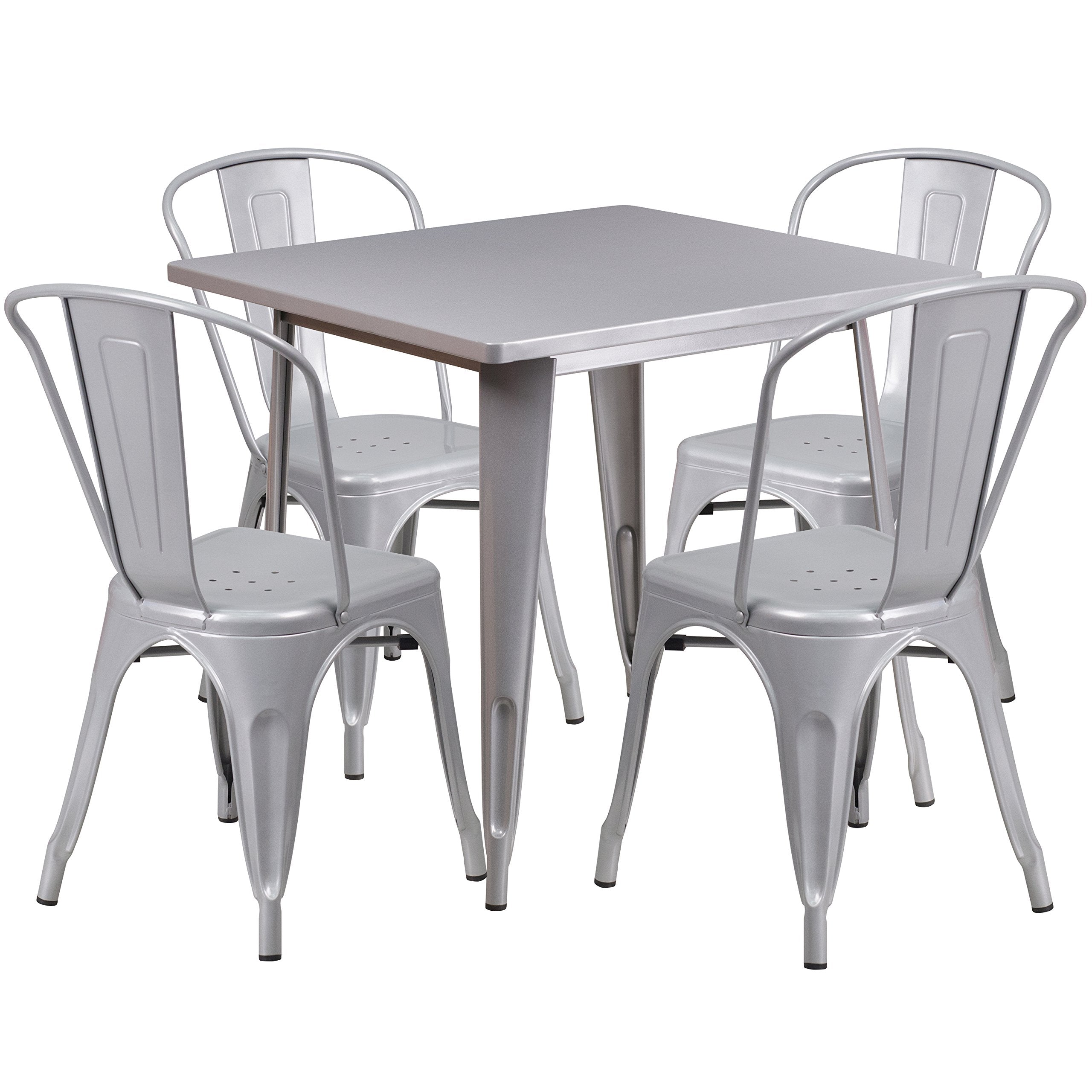 EMMA + OLIVER Commercial 31.5" Square Silver Metal Indoor-Outdoor Table Set-4 Stack Chairs