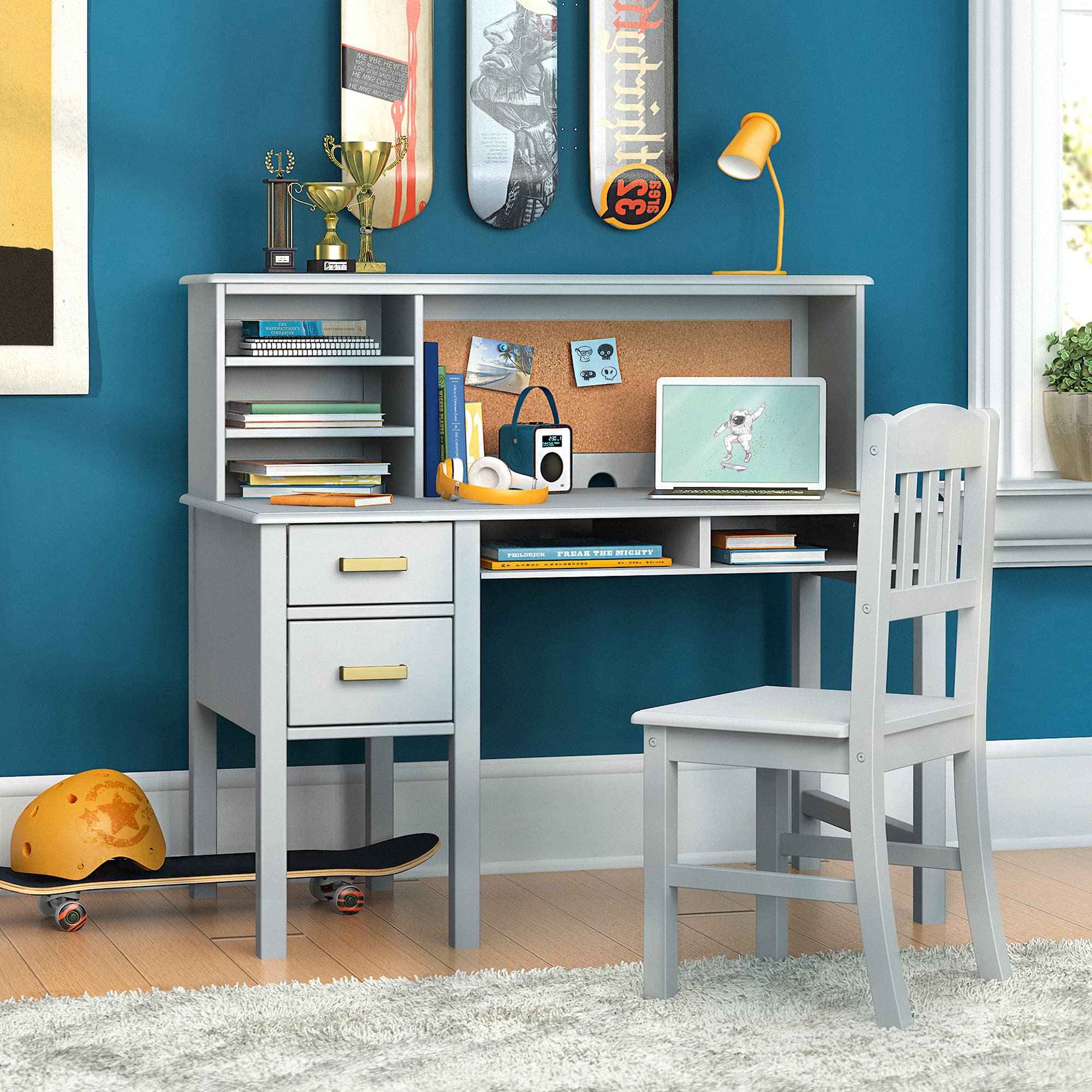Taiga Kids Desk and Chair Set with Hutch - Gray