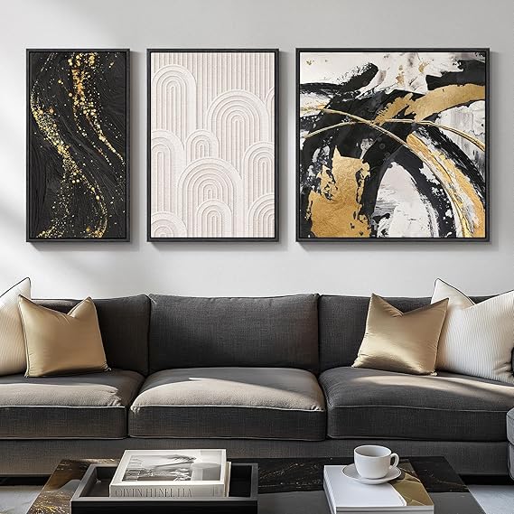 3 Piece Framed Black and White Abstract Canvas Wall Art