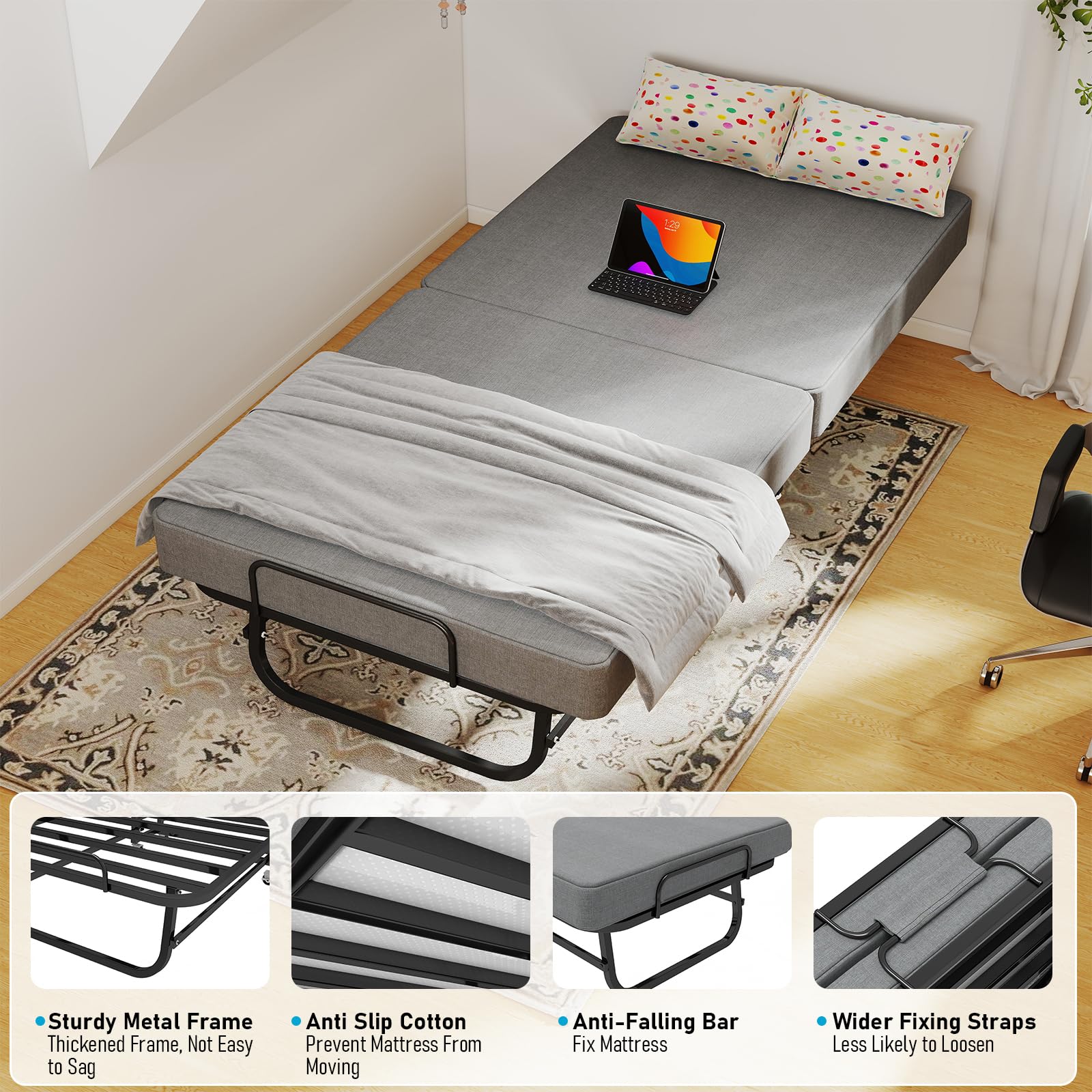 Folding Bed with Memory Foam Mattress and Wheels