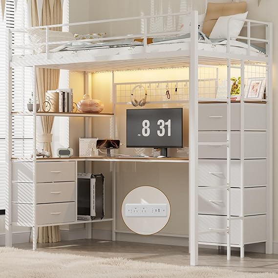 Twin Size Loft Bed with Desk and LED Lights