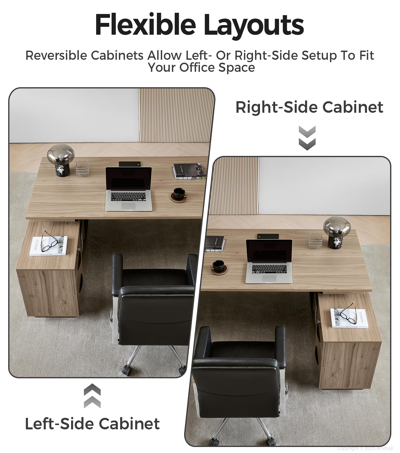 63-Inch Reversible L-Shaped Executive Desk with Lateral File Cabinet