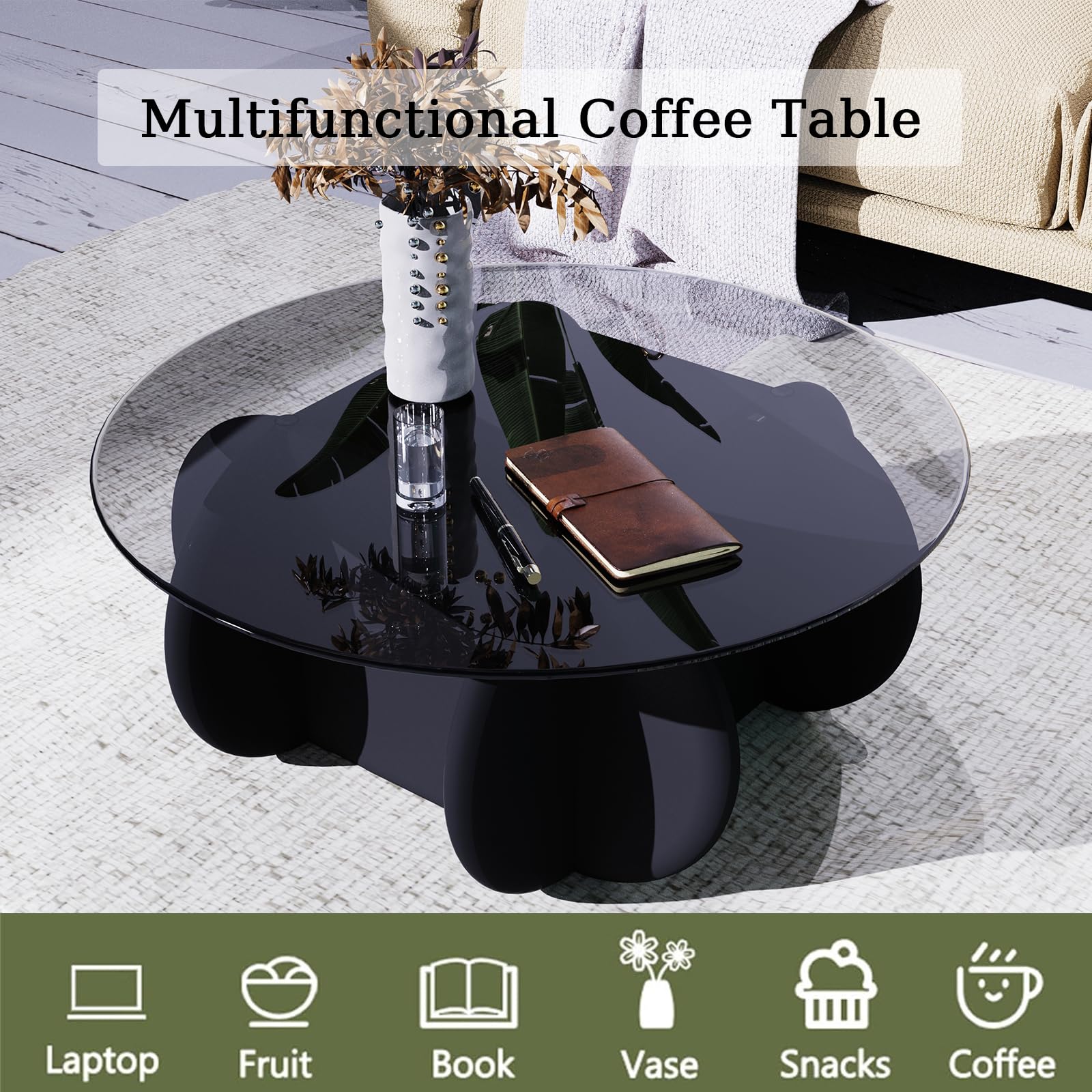 Round Glass Coffee Table with Wood Legs