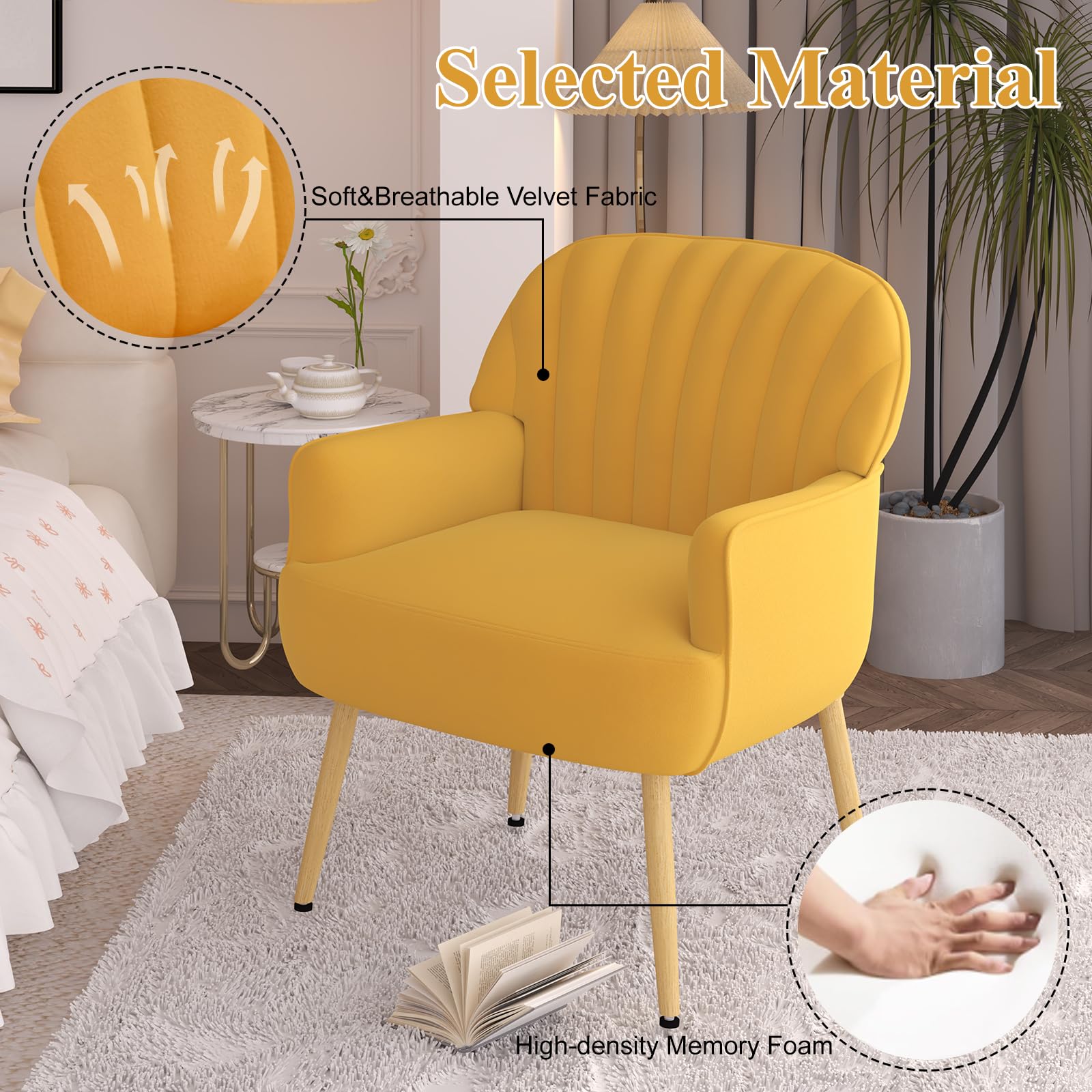 Yellow Velvet Shell-Shaped Accent Chair