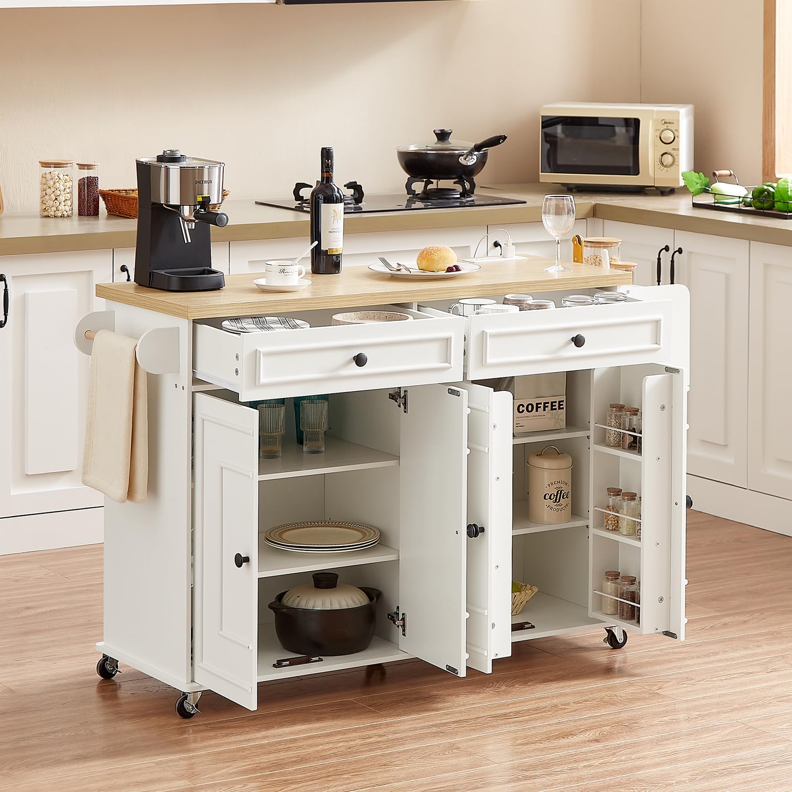 58" Mobile Kitchen Island Cart with Power Outlet