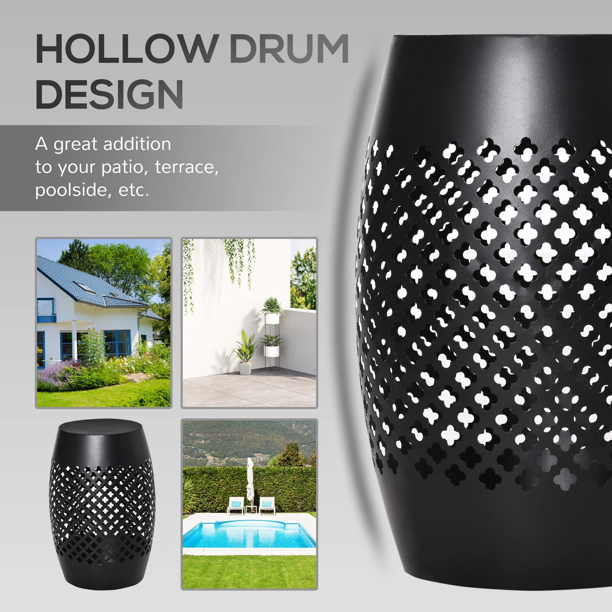 12.5" Steel Outdoor Side Table Round Hollow Drum Patio End Table