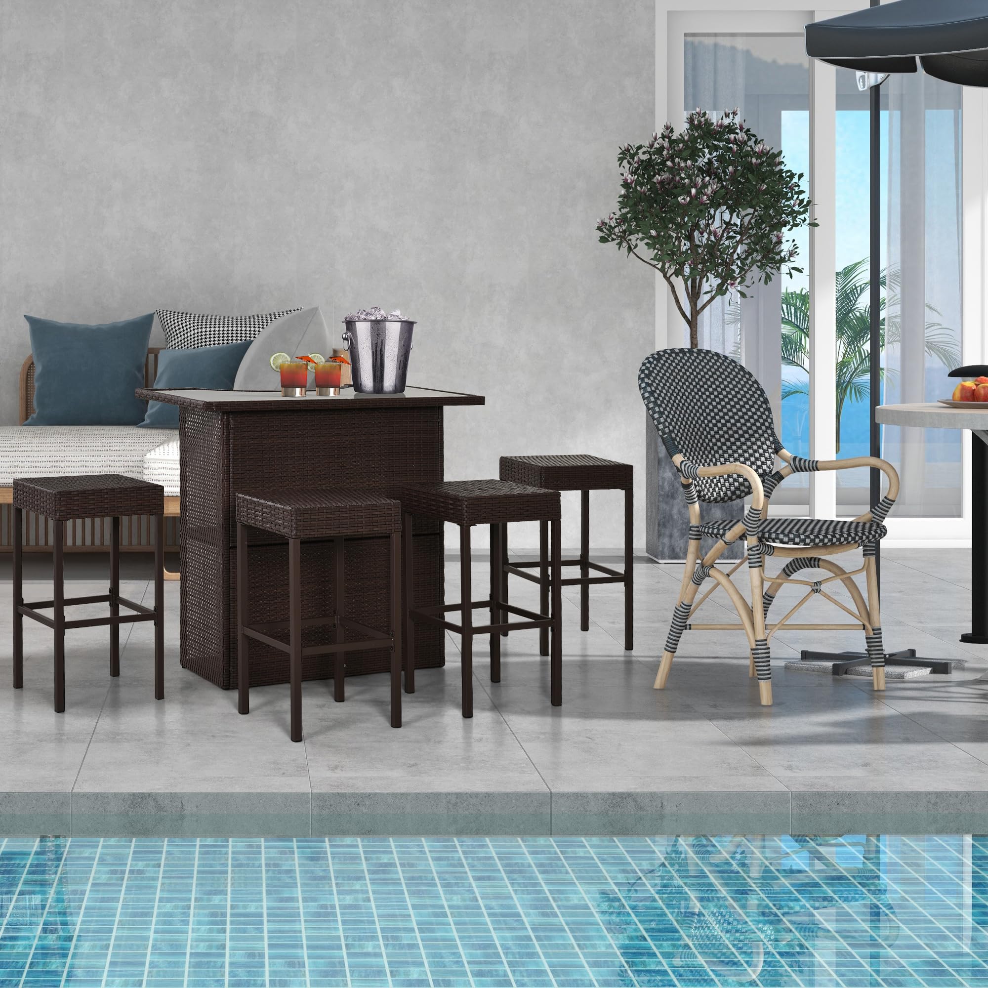 5-Piece Rattan Wicker Bar Set with Glass Top
