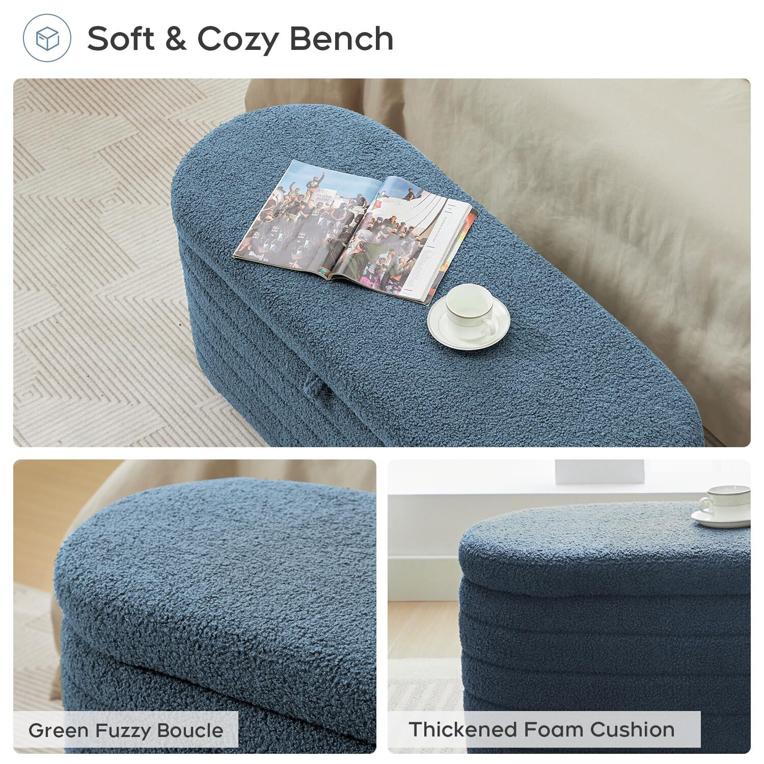 Upholstered Storage Ottoman Bench 45 Inch Blue Boucle