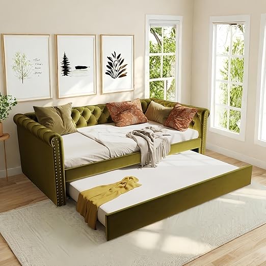 Upholstered Velvet Daybed with Trundle