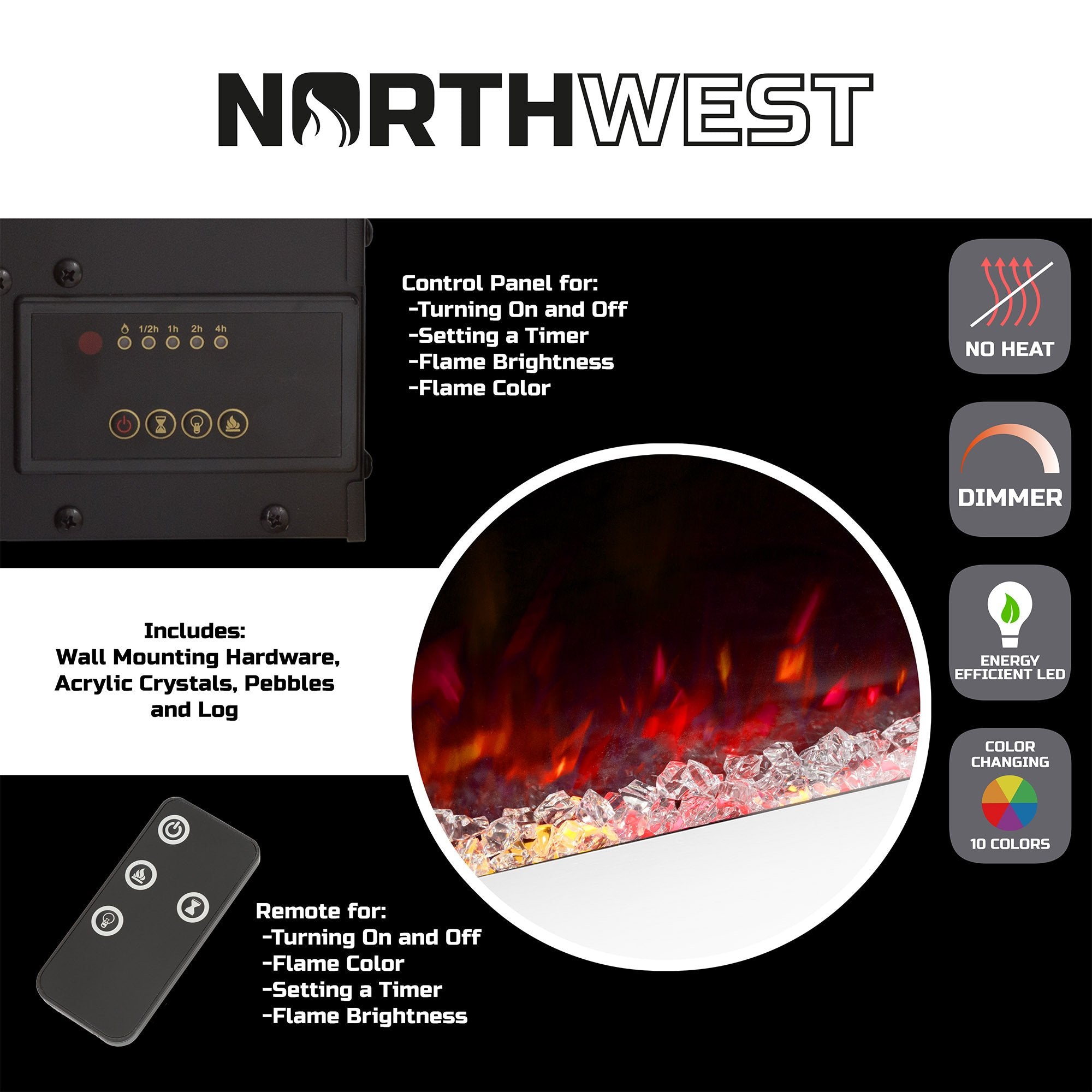 50-Inch Wall Mounted Electric Fireplace with LED Flames