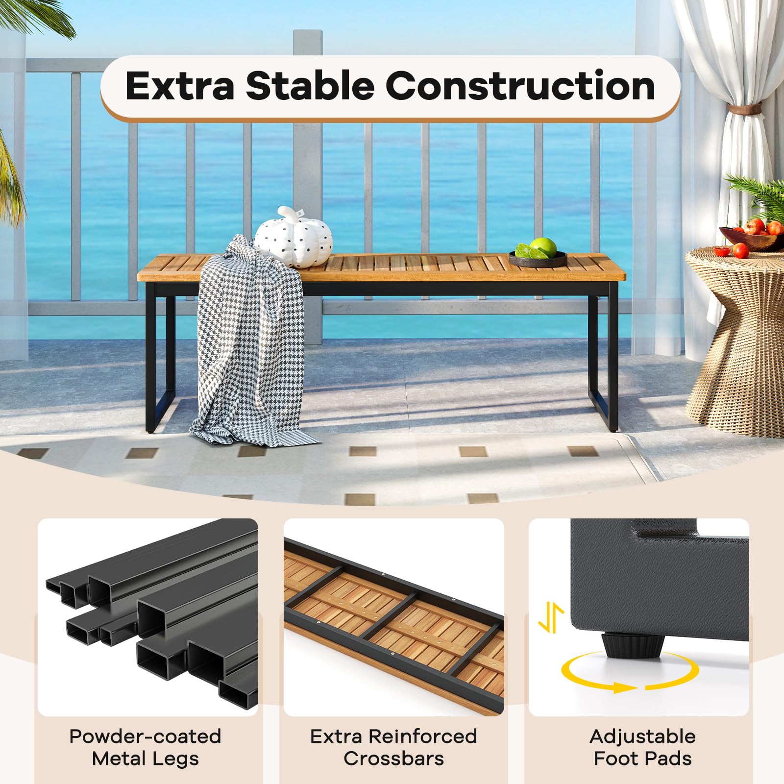 Patio Dining Bench with Slatted Acacia Wood Seat & Metal Legs