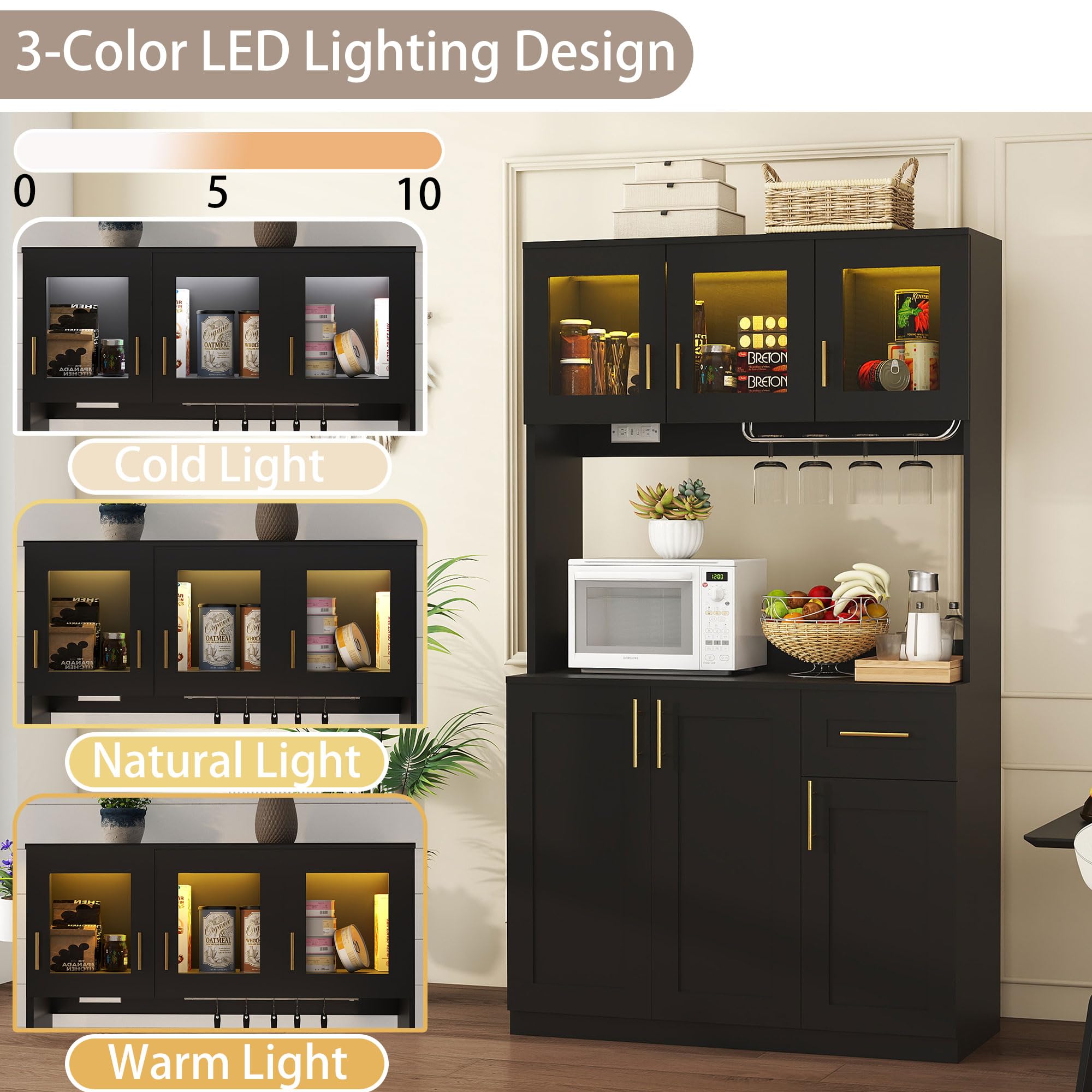 Kitchen Pantry Cabinet with LED Lighting