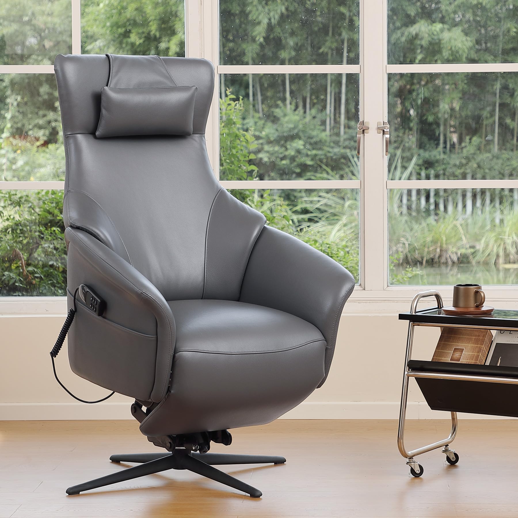 Genuine Leather Reclining Swivel Chair with Ottoman