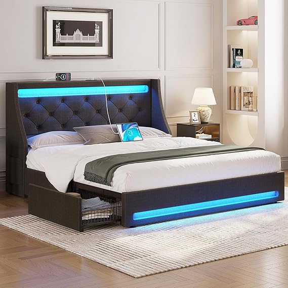 Full Bed Frame with LED Lights and Charging Station