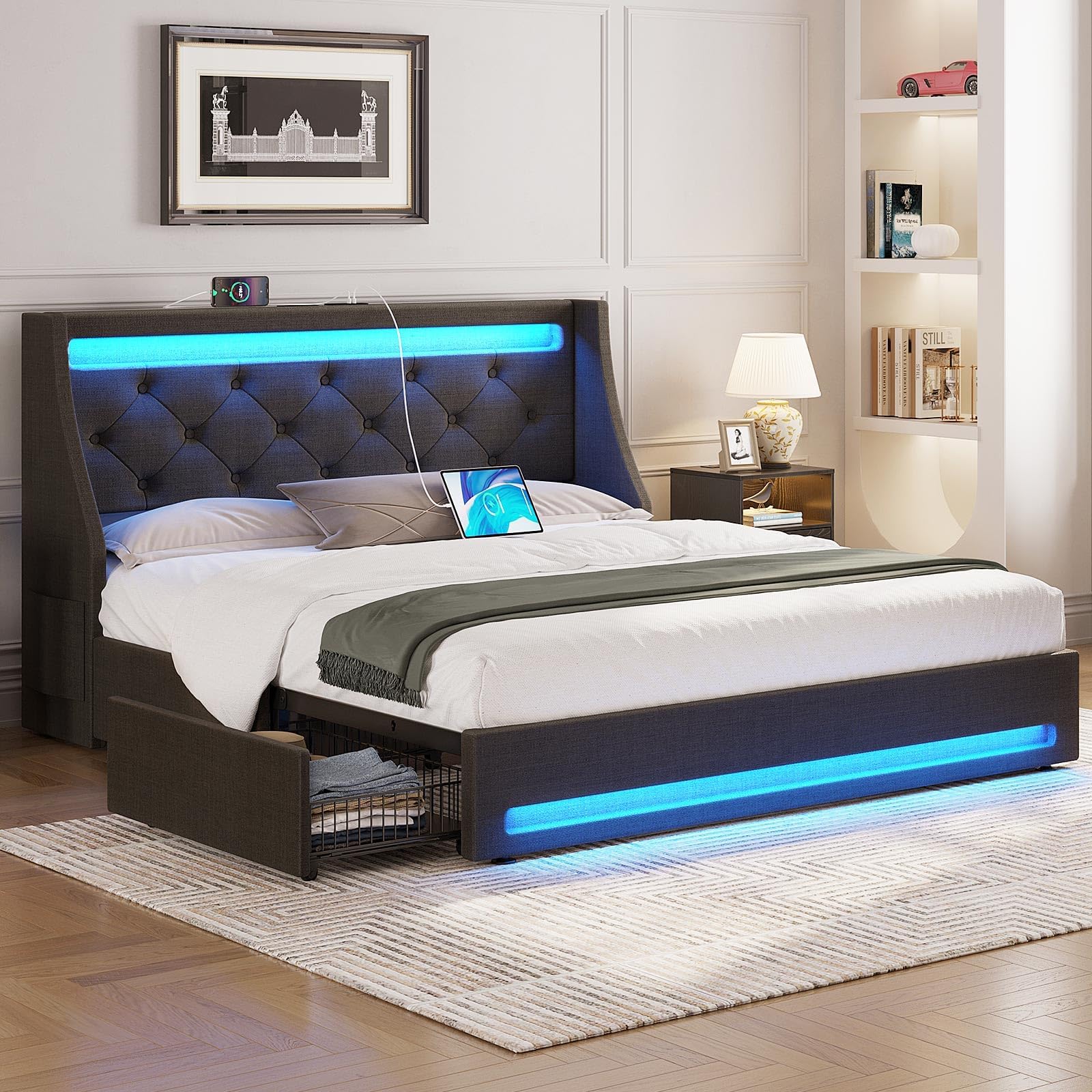 Full Bed Frame with LED Lights and Charging Station