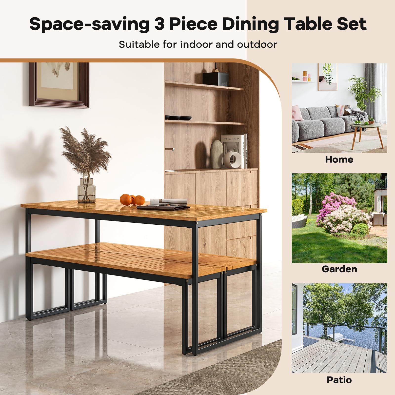 Acacia Wood Outdoor Dining Bench Set of 2 with Metal Legs