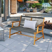 2 Person Acacia Wood Patio Bench Loveseat with Rope Design