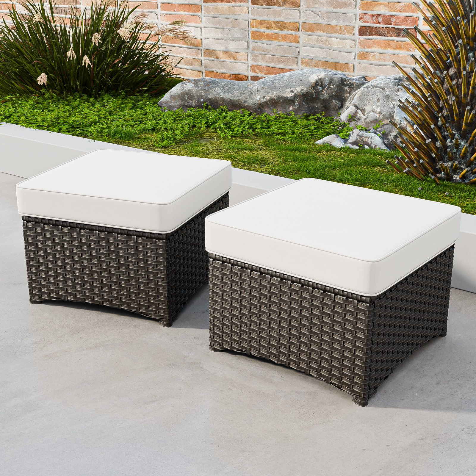 Outdoor Wicker Ottoman Set of 2 Square Rattan Footrest