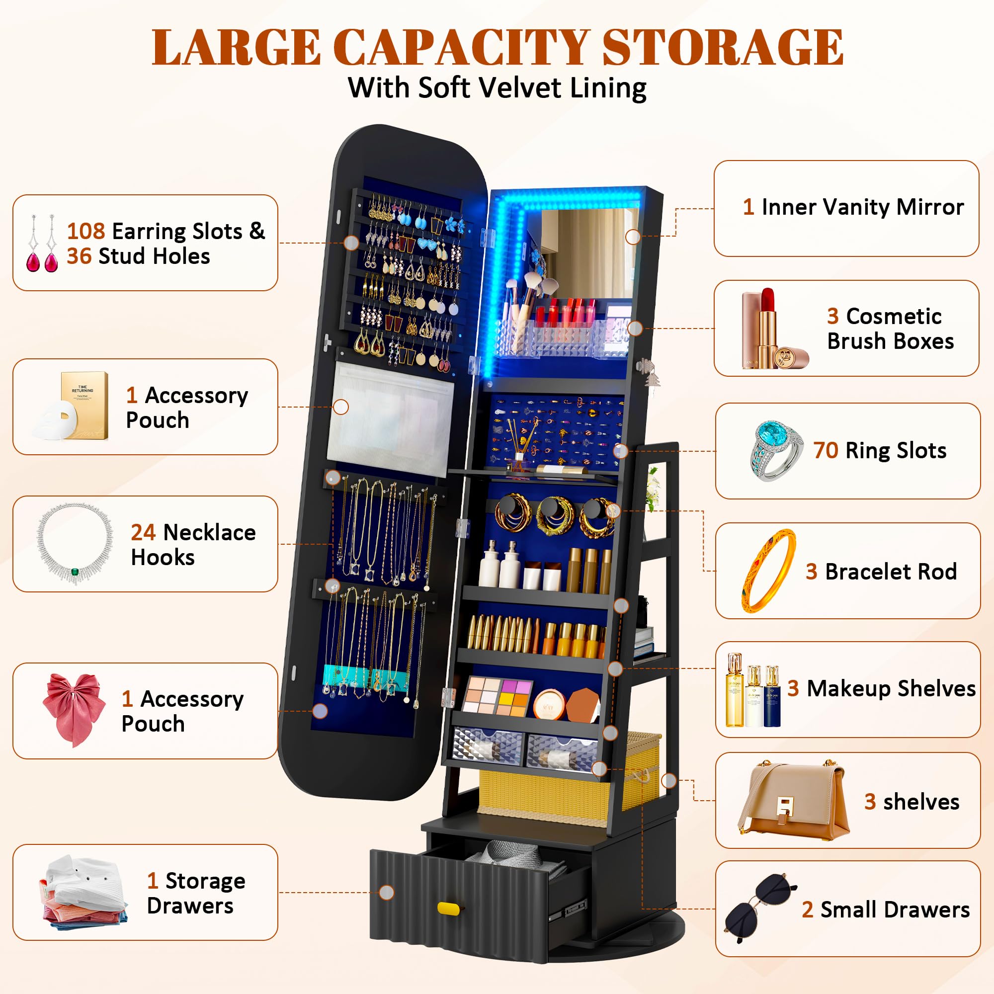 Full Length Mirror Jewelry Cabinet with Storage