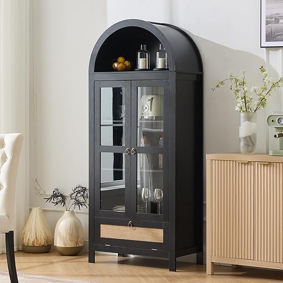 71" Tall Arched Pantry Cabinet with Drawer and Glass Door