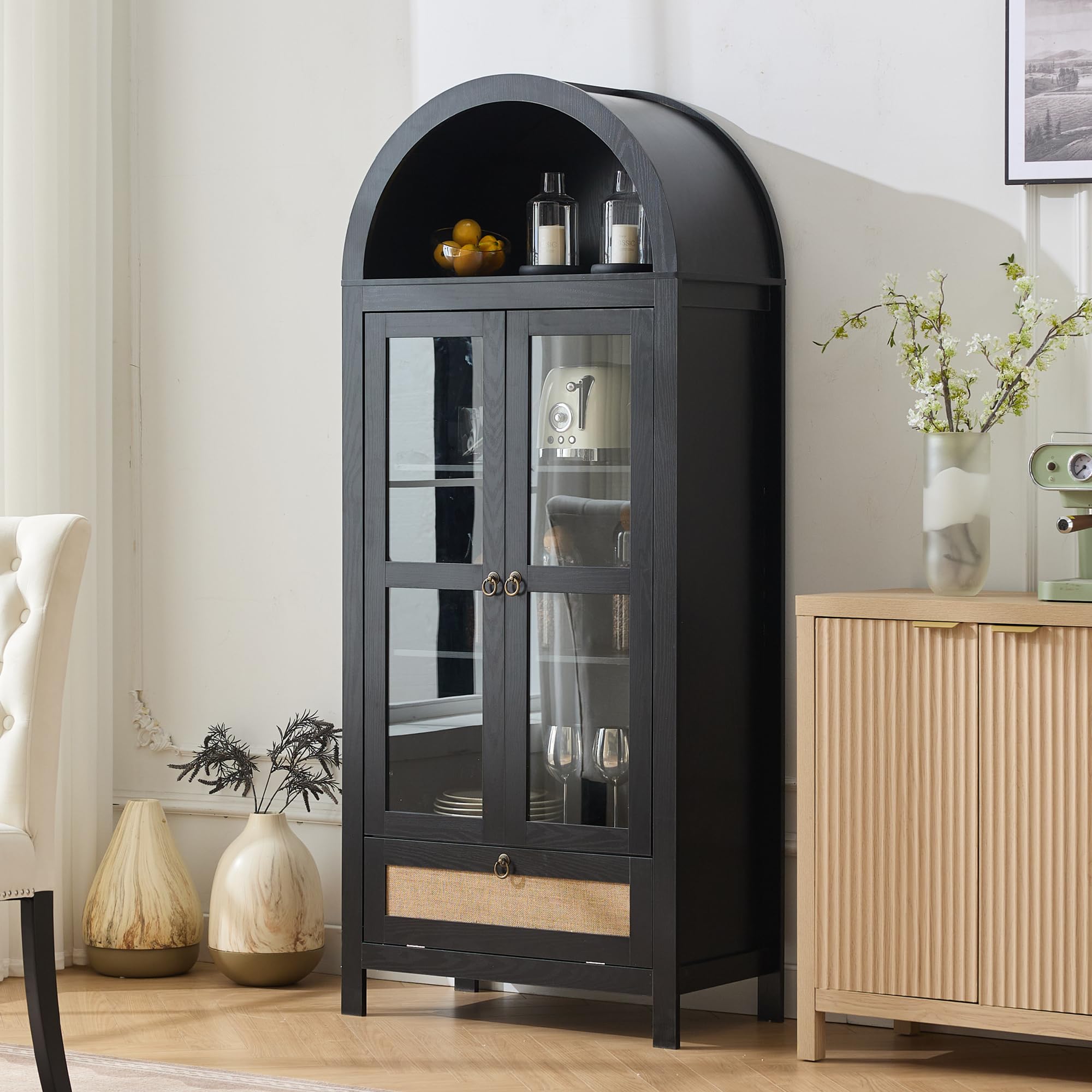71" Tall Arched Pantry Cabinet with Glass Door