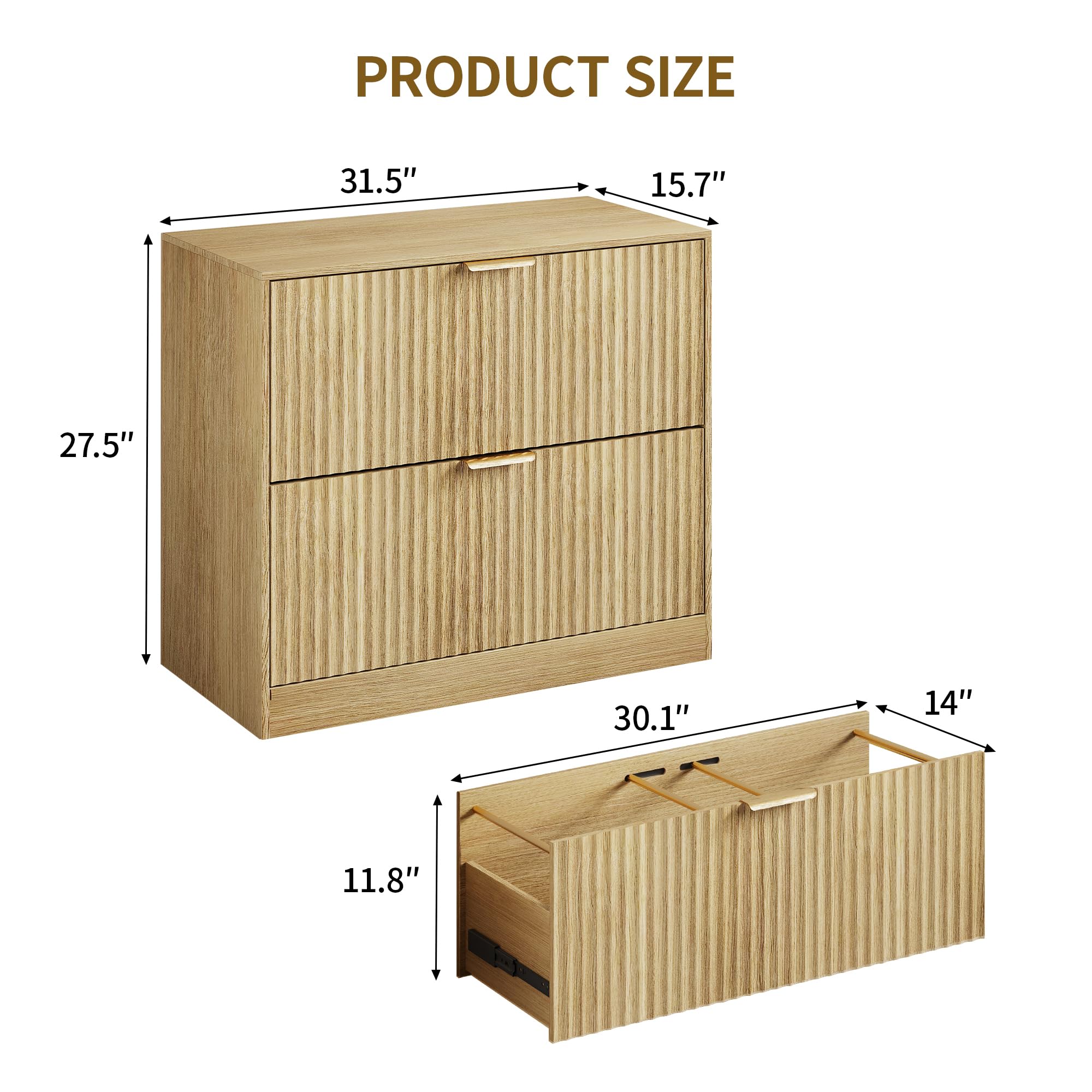 WTWEGMDGE Double Drawer Horizontal File Cabinet,Modern Wood Fluted Home Office File Cabinet Printer Stand with Three-Level Adjustable Hanging Rails for Legal/Letter/A4 Size Documents (Wood)