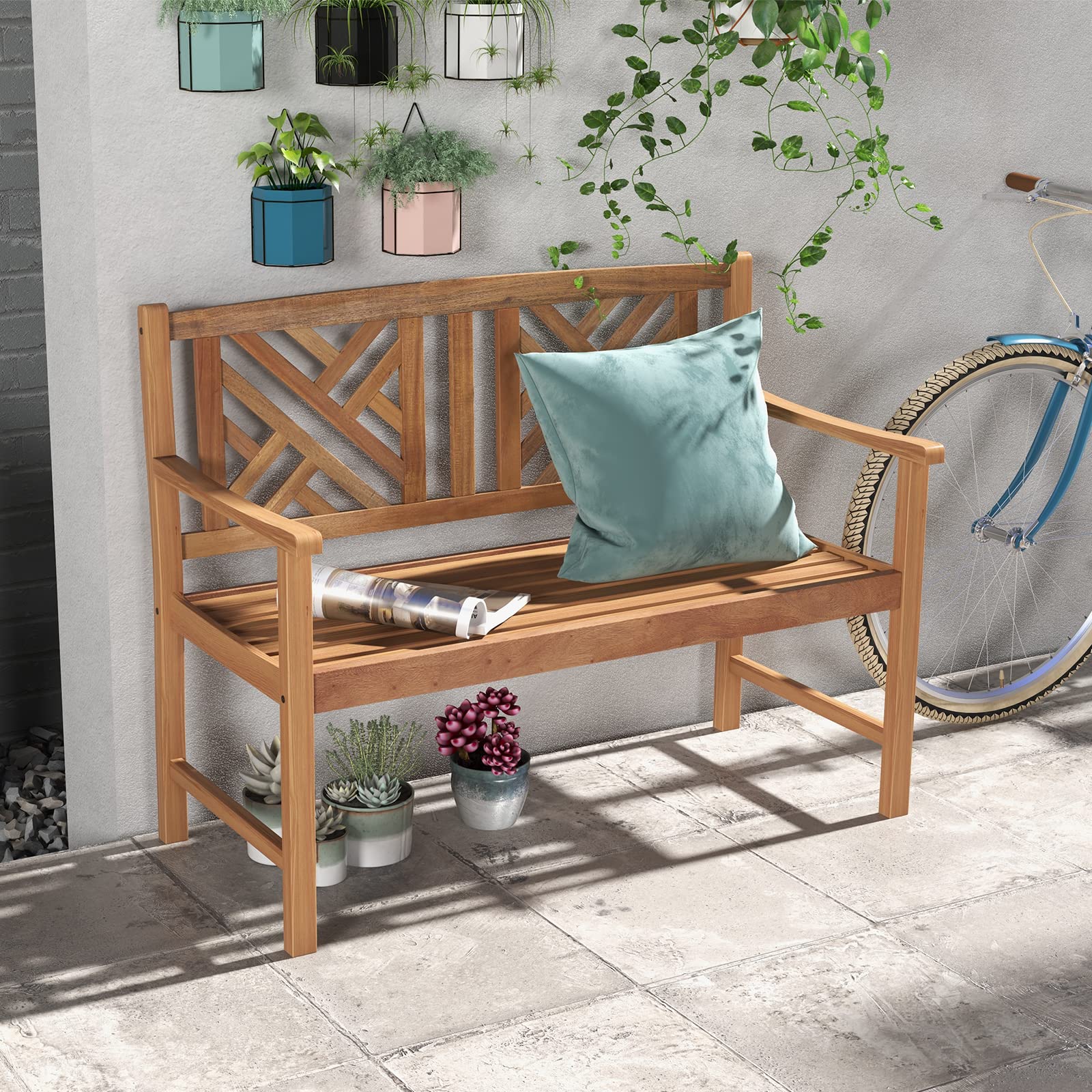 Acacia Wood Garden Bench 2-Person Loveseat with Armrests