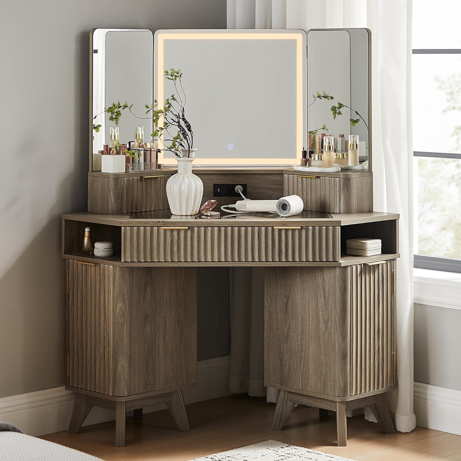 48" Corner Makeup Vanity Desk with 3-Way Mirror and Lights