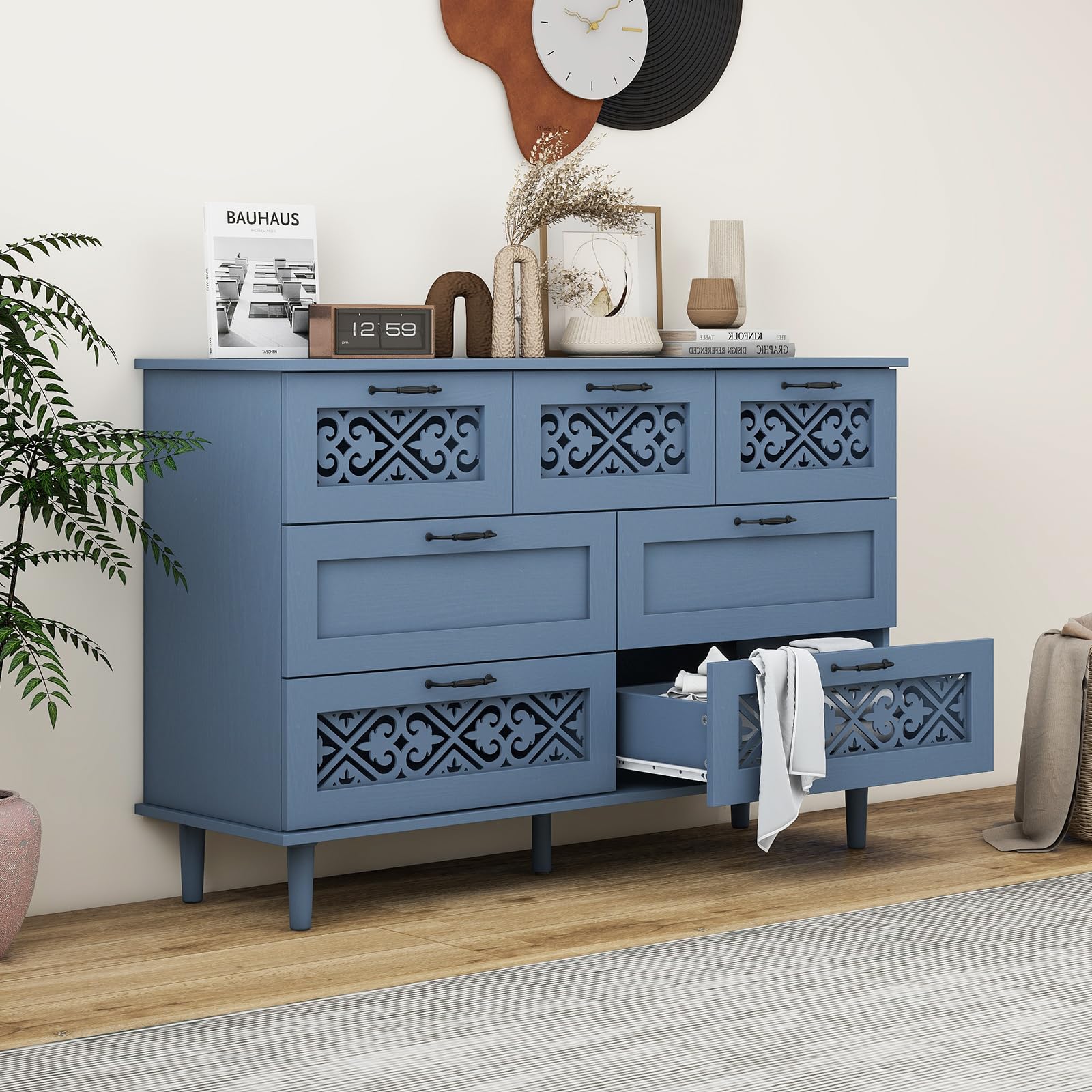 7 Drawers Dresser with Hollow Carved Design - Vintage Wood Chest