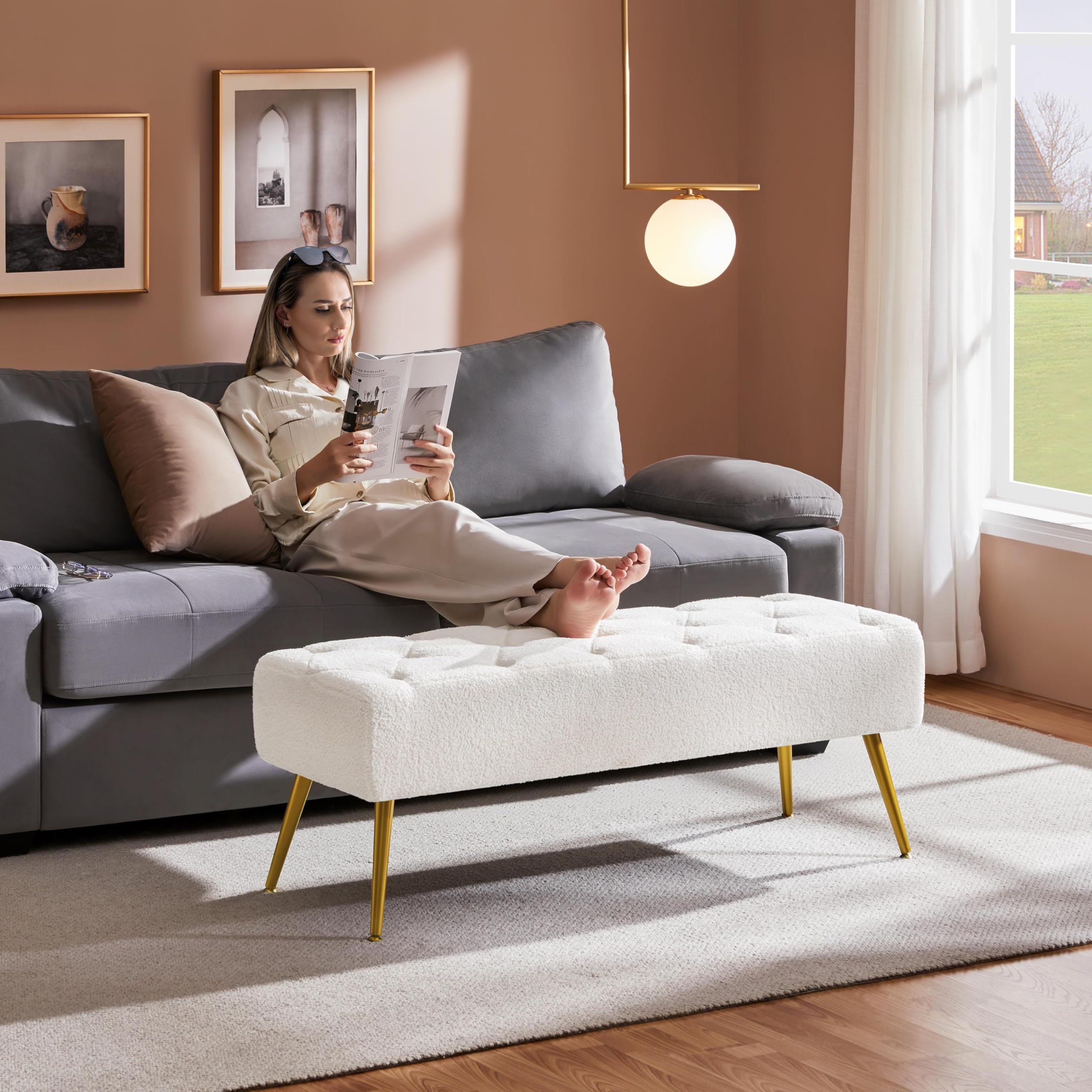 Modern Ottoman Bench Boucle Upholstered Footrest
