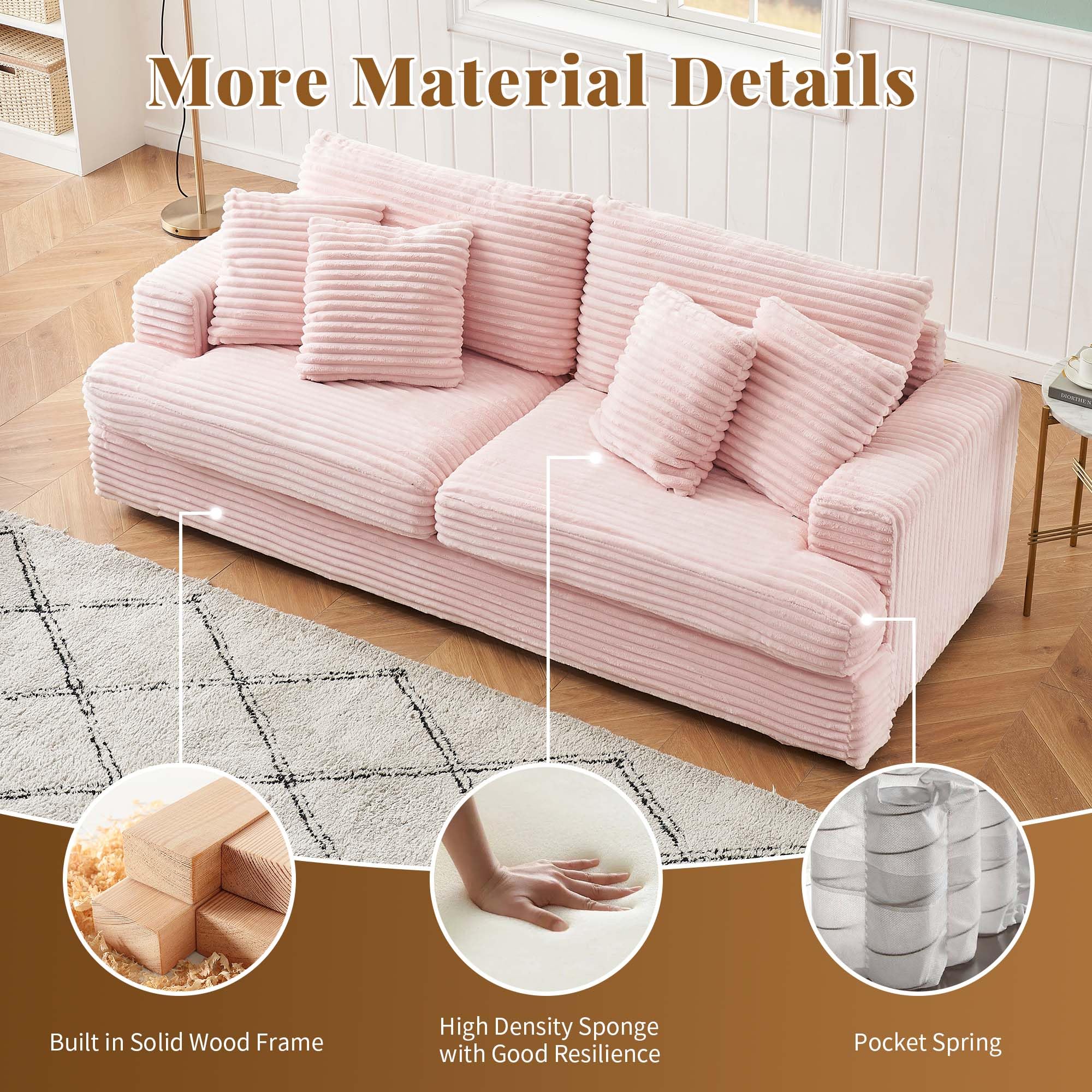 Pink Corduroy Sleeper Sofa 3-Seater with Deep Seat