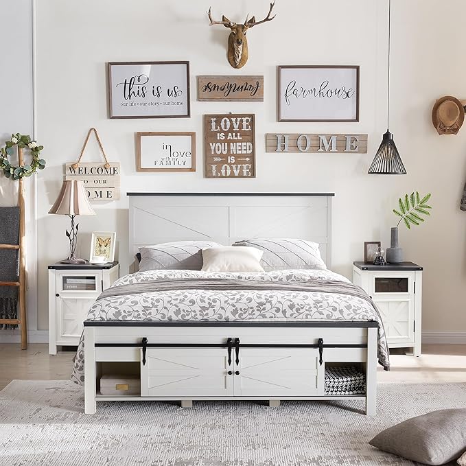 Farmhouse Wood Bed Frame Queen Size with Storage Cabinets