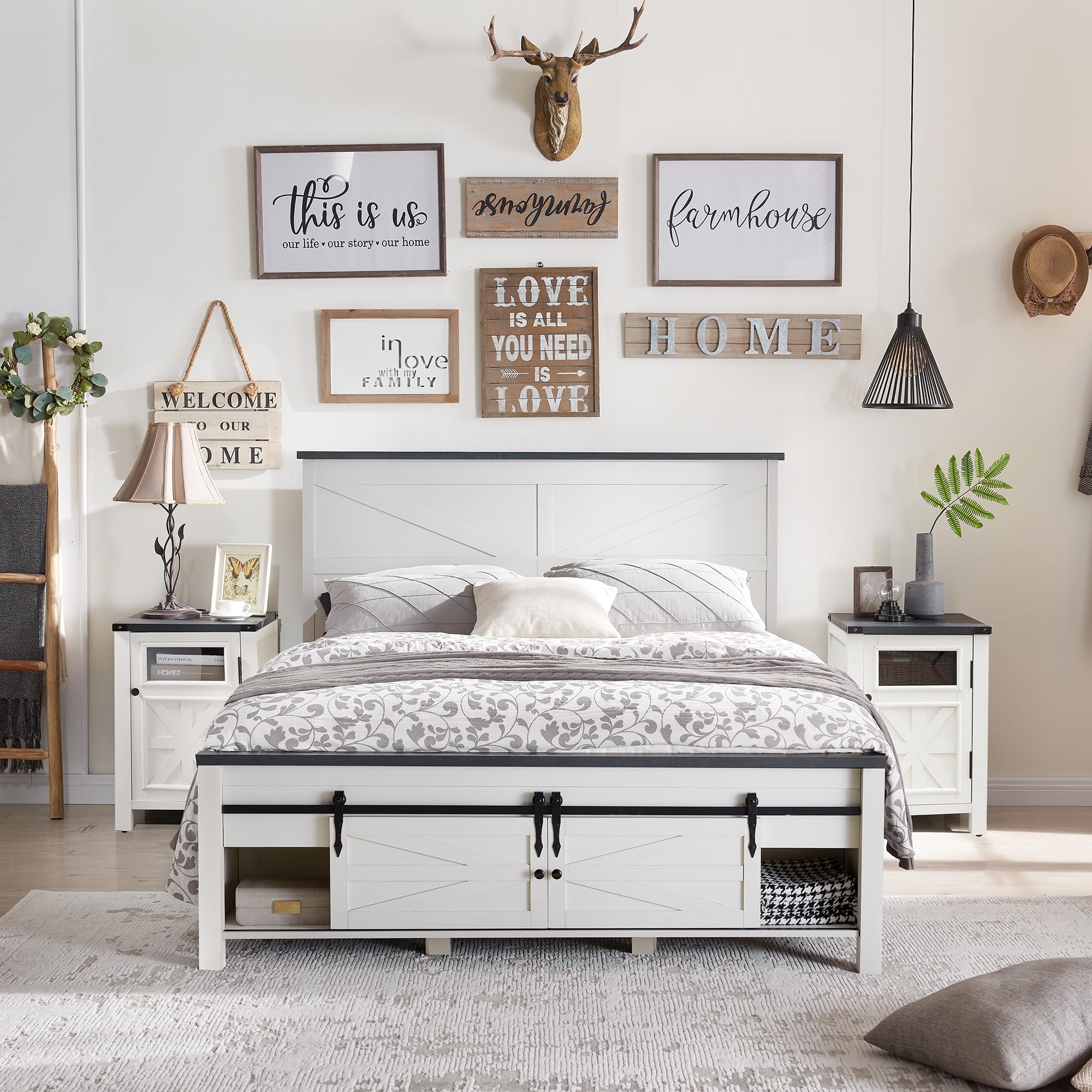 Farmhouse Wood Bed Frame Queen Size with Storage Cabinets