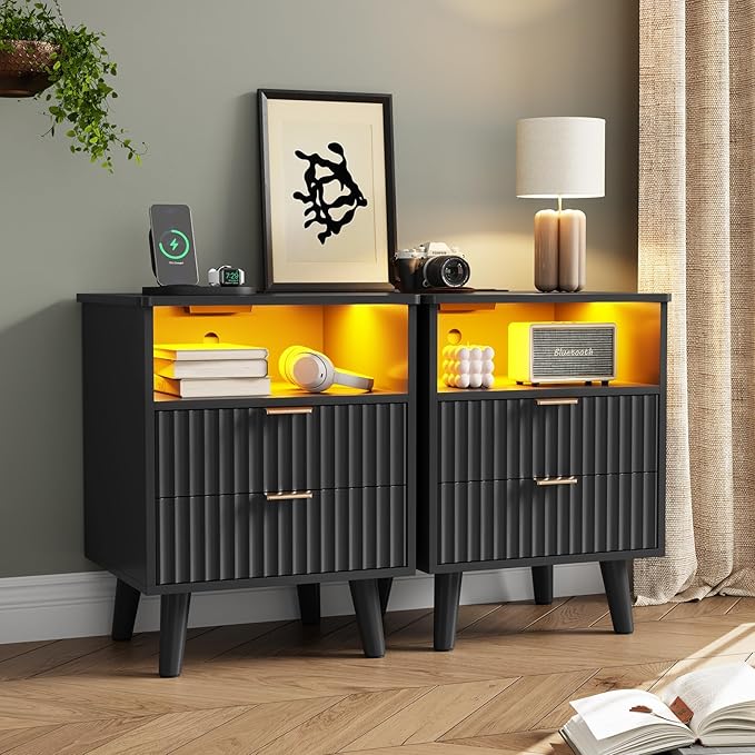 Fluted Nightstand Set with Charging Station & LED Lights