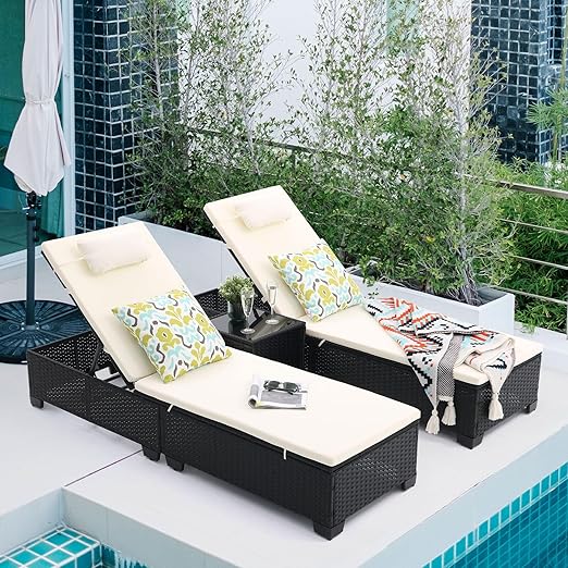Patio PE Wicker Chaise Lounge Set with Table - Green