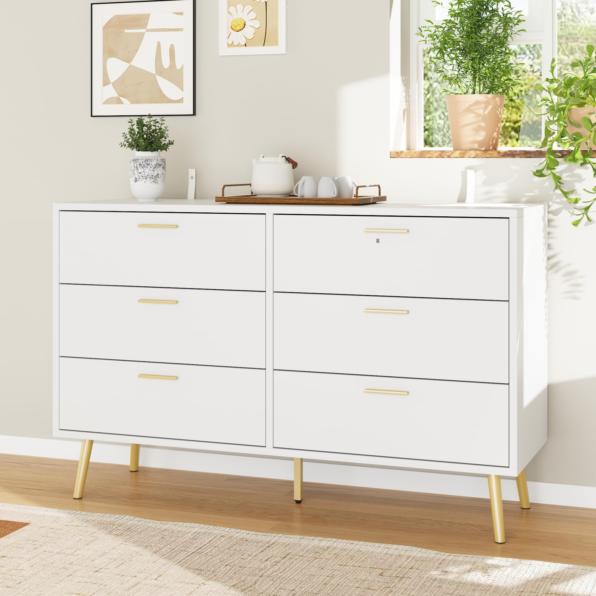 6 Drawer White Dresser with Gold Metal Handles